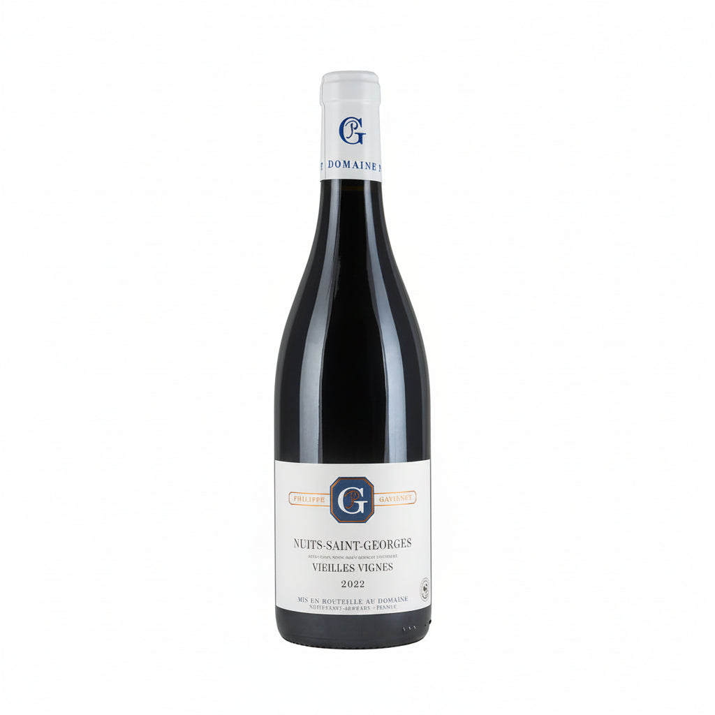 Bottle of Philippe Gavignet Nuits-Saint-Georges Vieilles Vignes red wine with label visible and cork sealed.