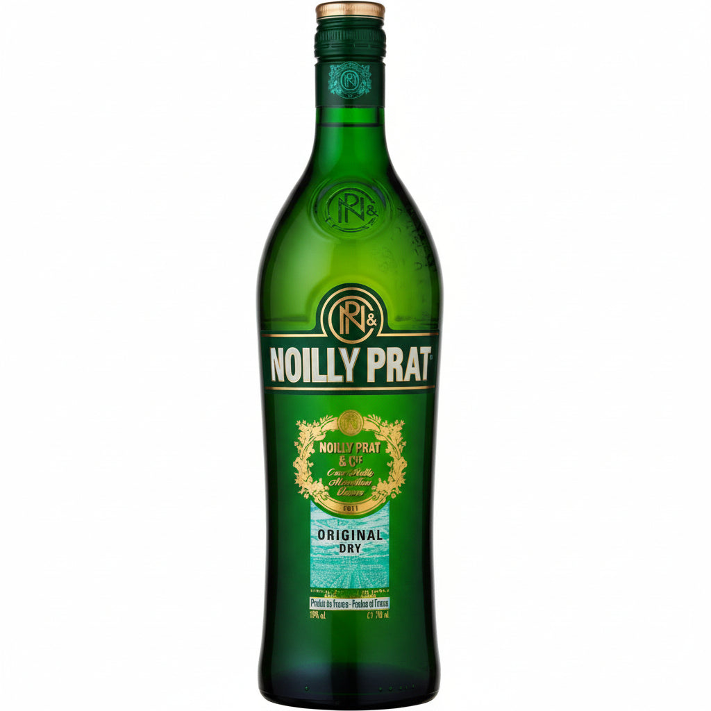 Noilly Prat Extra Dry Vermouth bottle with clear label and vintage-inspired design, set on a bar counter.