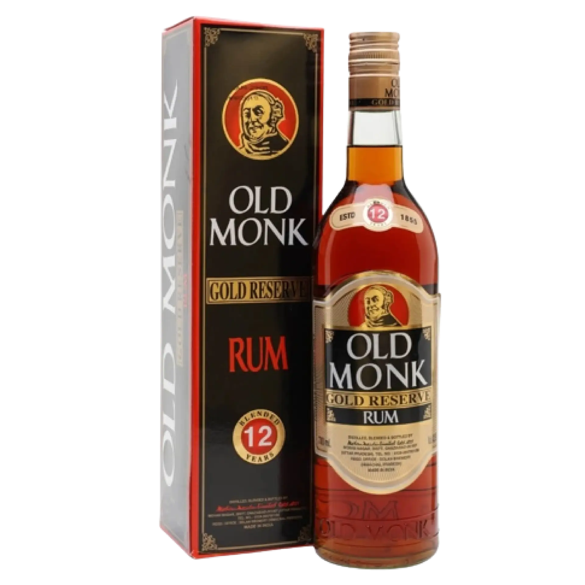 Buy Old Monk Gold Reserve 12 Year Old Rum 750mL, premium aged rum bottle with box