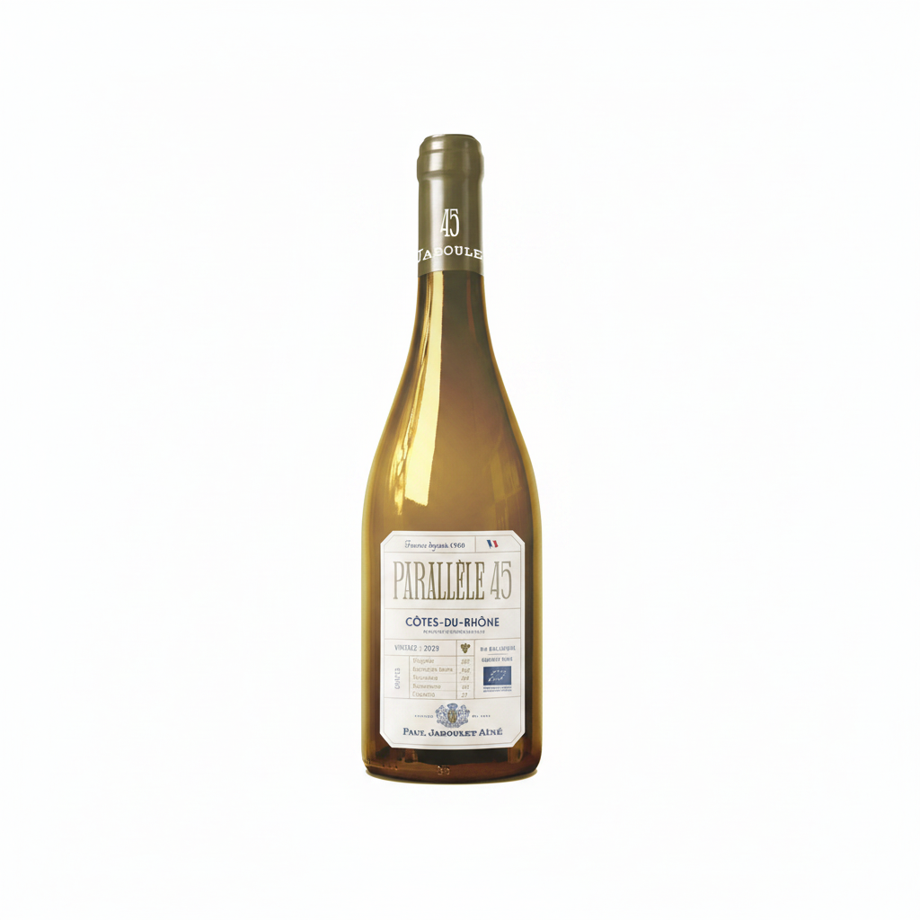 Domaine Paul Jaboulet Cotes Du Rhone Parallele 45 Blanc wine bottle with label, showcasing the white wine from the French vineyard.