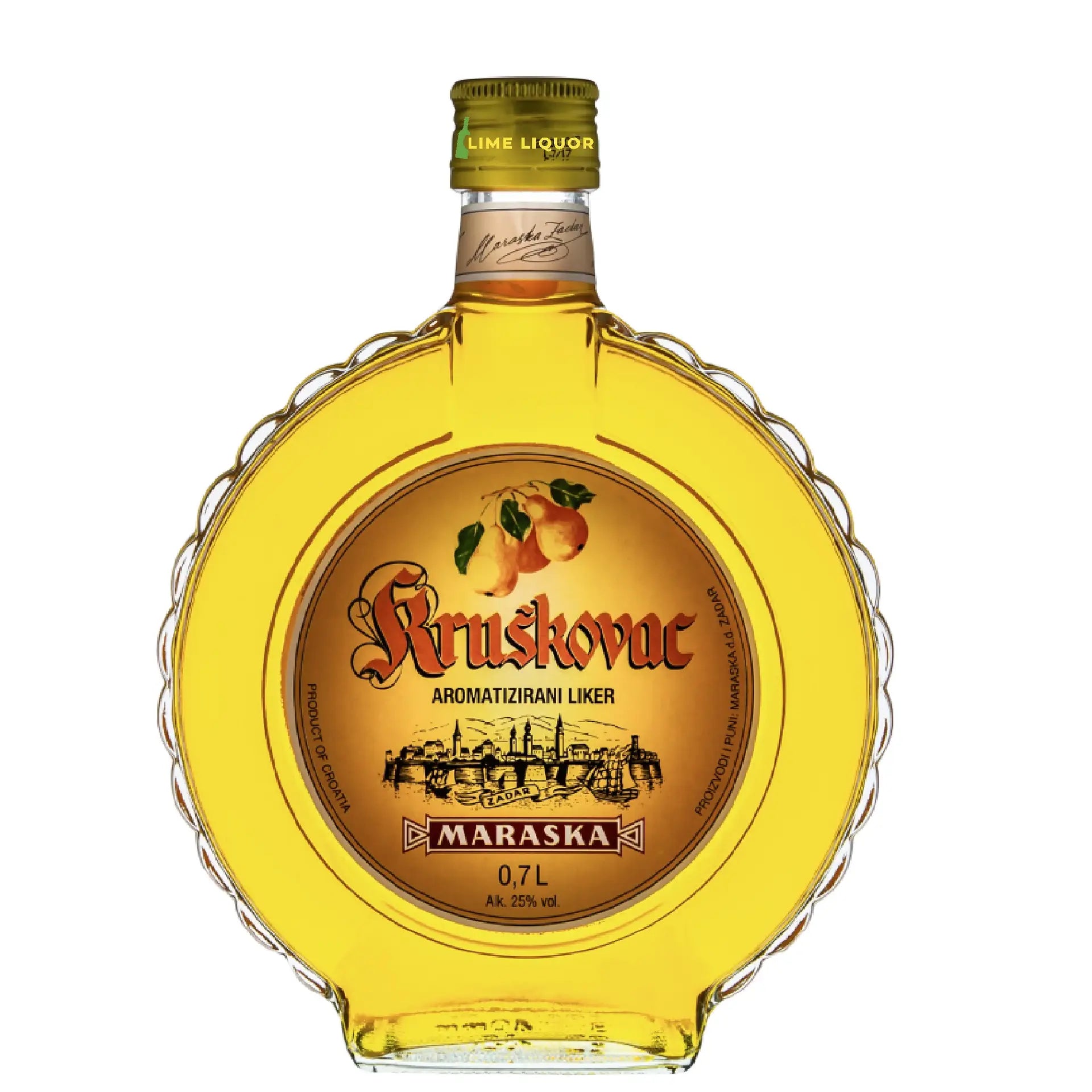 Buy Kruskovac pear liqueur, 0.7L bottle with gold label and pears illustration