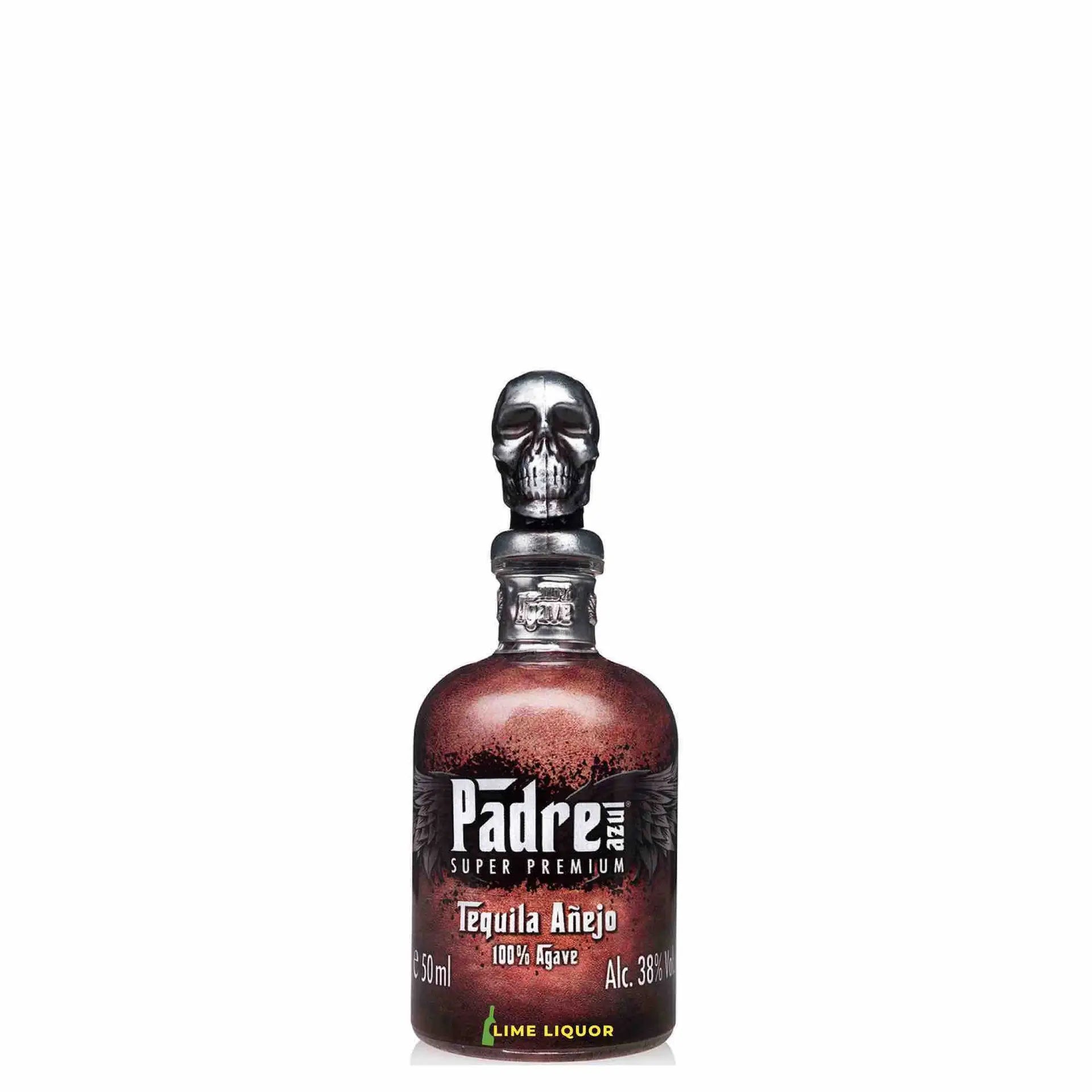 buy Padre Azul Anejo 50mL tequila with skull cap, premium 100% agave, 38% Alc.