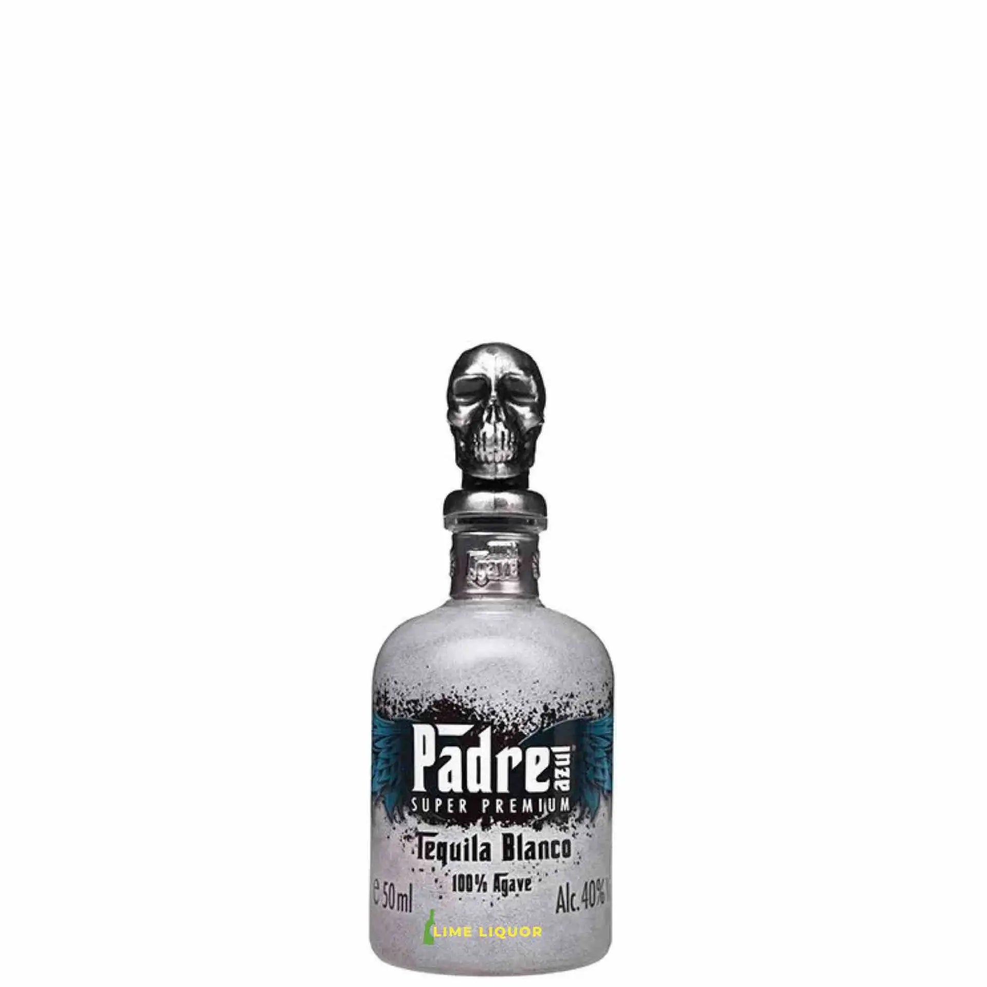 Buy Padre Azul Silver Tequila Blanco 50mL with skull cap, premium agave tequila bottle