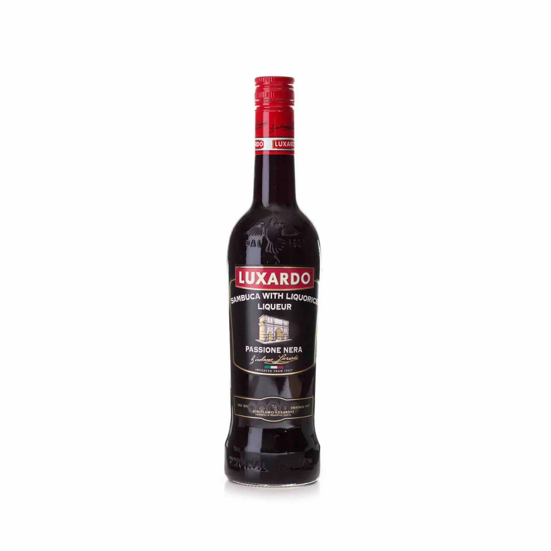 Buy Passione Nera Luxardo Black Sambuca liqueur, dark bottle with red cap on white background