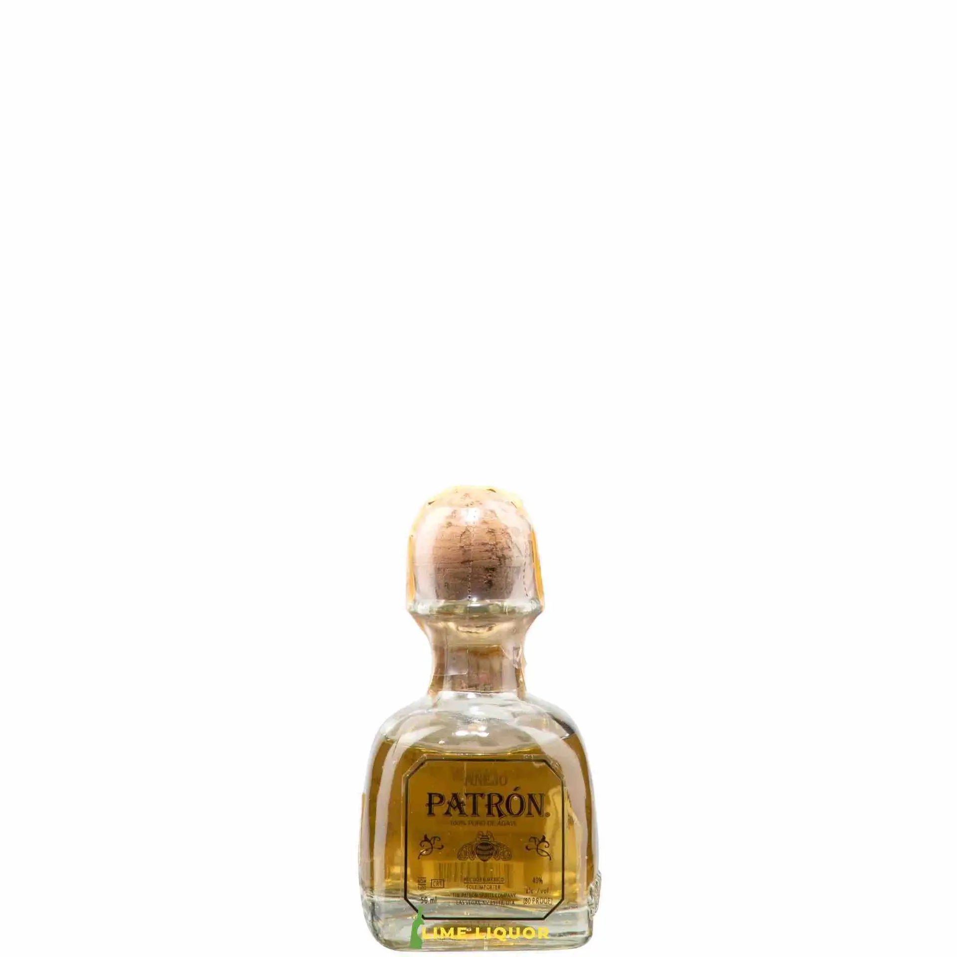 Buy Patrón Añejo 50mL tequila mini bottle with cork, clear glass, amber liquid.