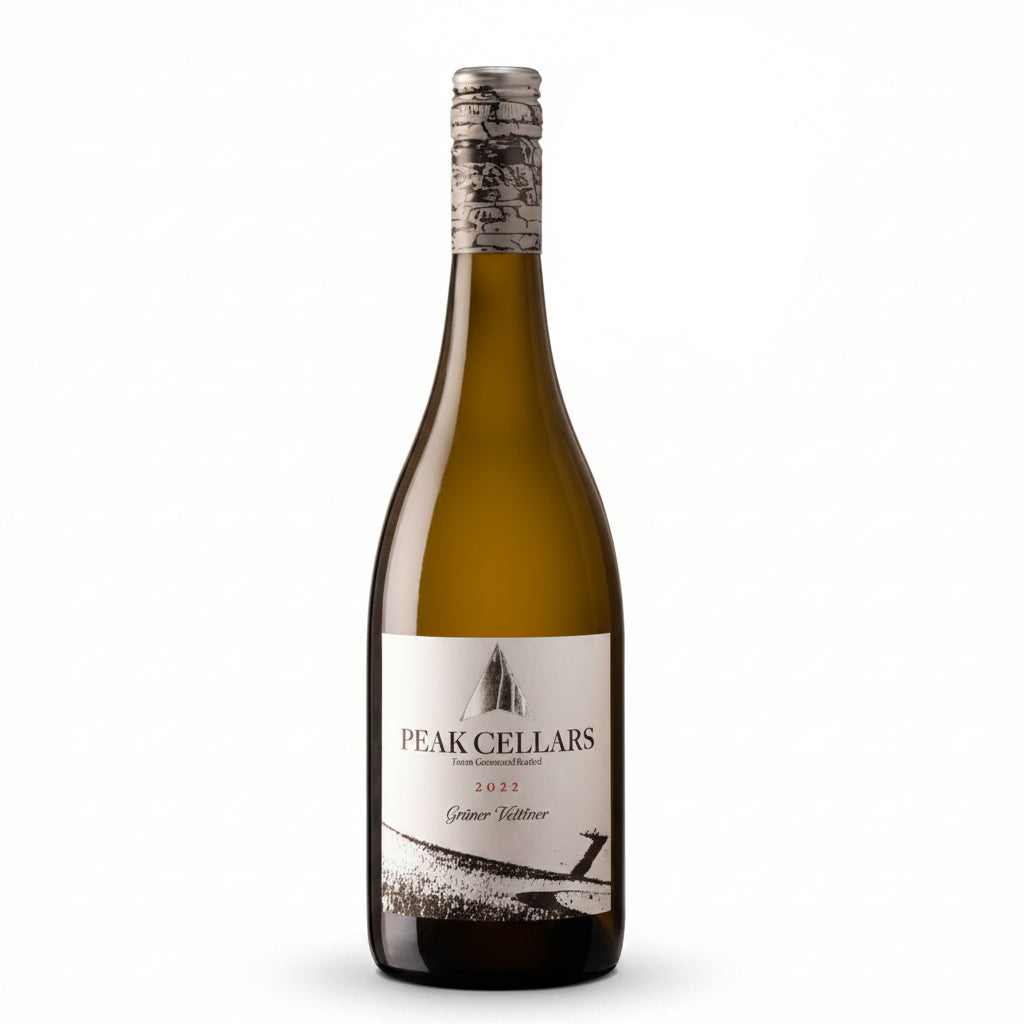Bottle of Peak Cellars Gruner Veltliner white wine in 750mL bottle with a label featuring the Peak brand logo and design.