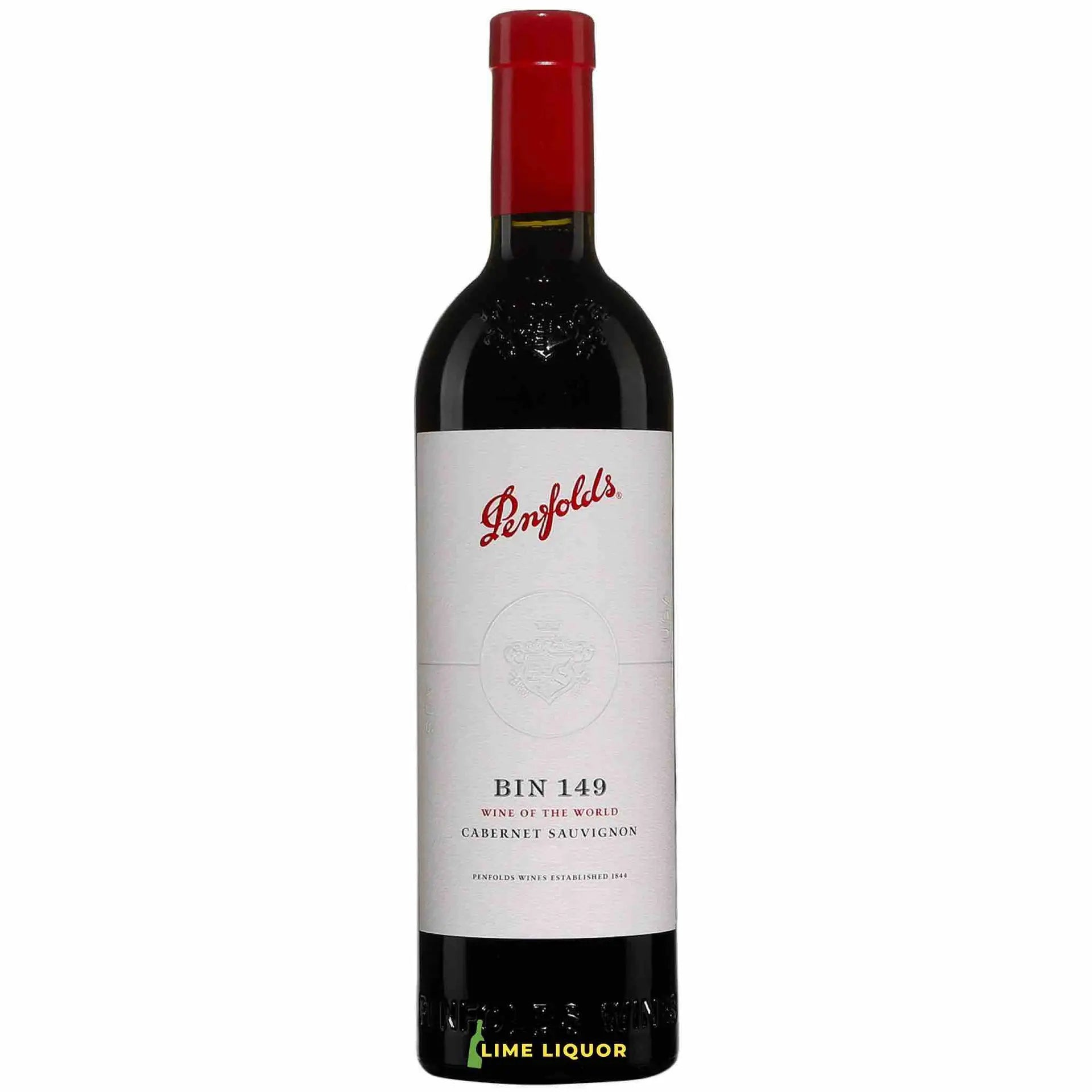 Buy Penfolds Bin 149 Cabernet Sauvignon 750mL wine bottle with red foil top.