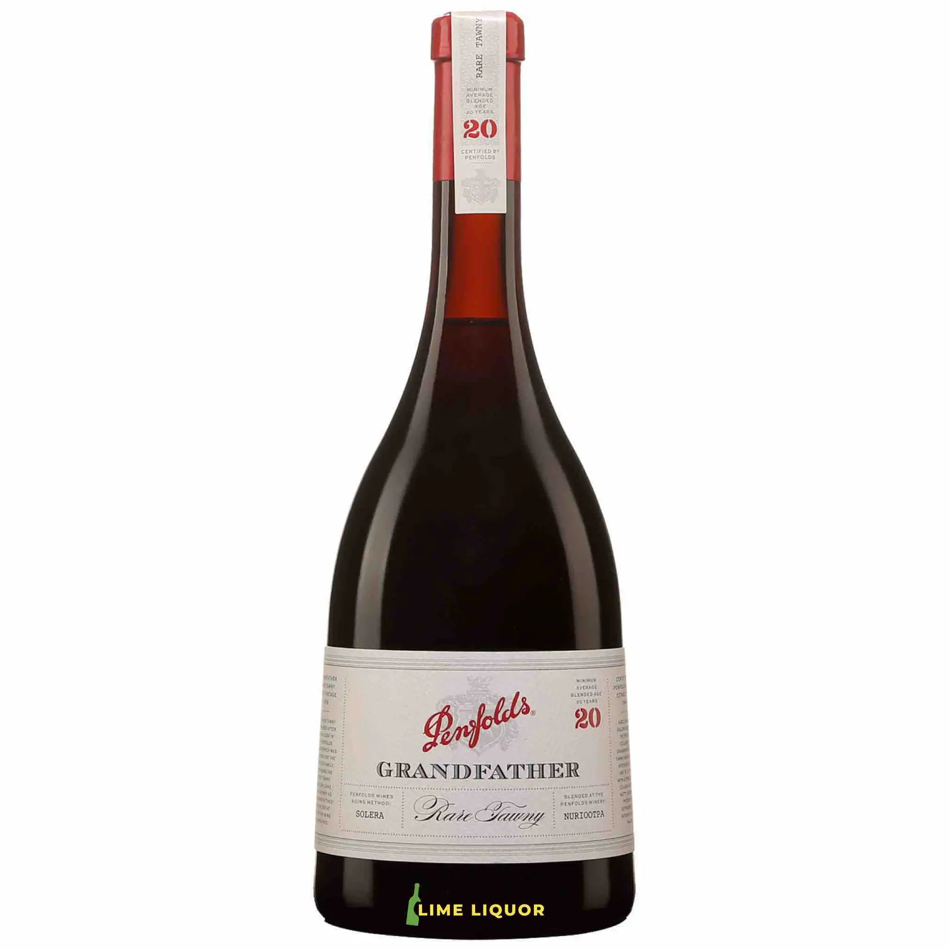 buy Penfolds Grandfather Port 750mL, dark glass bottle with white label and red accents