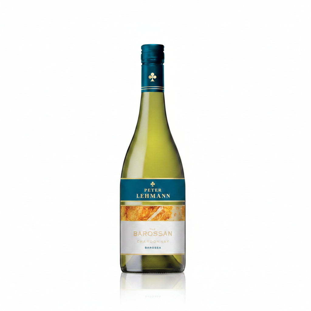 Peter Lehmann The Barossan Chardonnay 750mL bottle with a white label and gold accents, standing on a wooden surface.