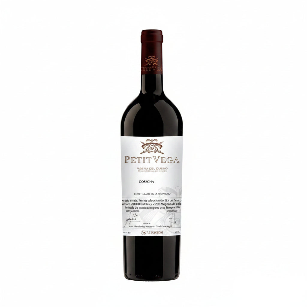 Bottle of Petit Vega 8 Months Ribera del Duero red wine in a 750mL bottle with a dark label and cork seal.