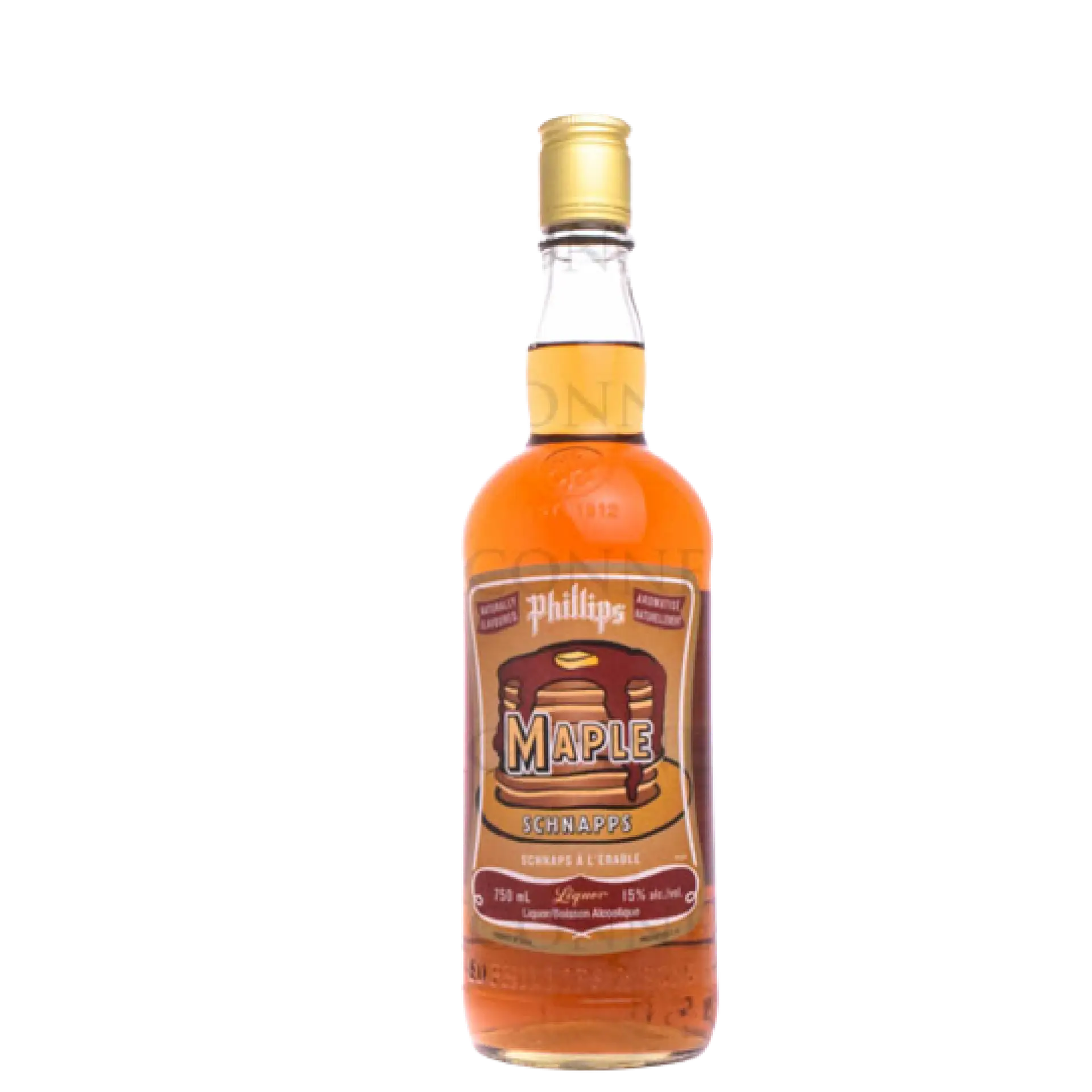 Buy Phillips Maple Schnapps 750mL bottle, maple flavored liqueur with gold cap and label.
