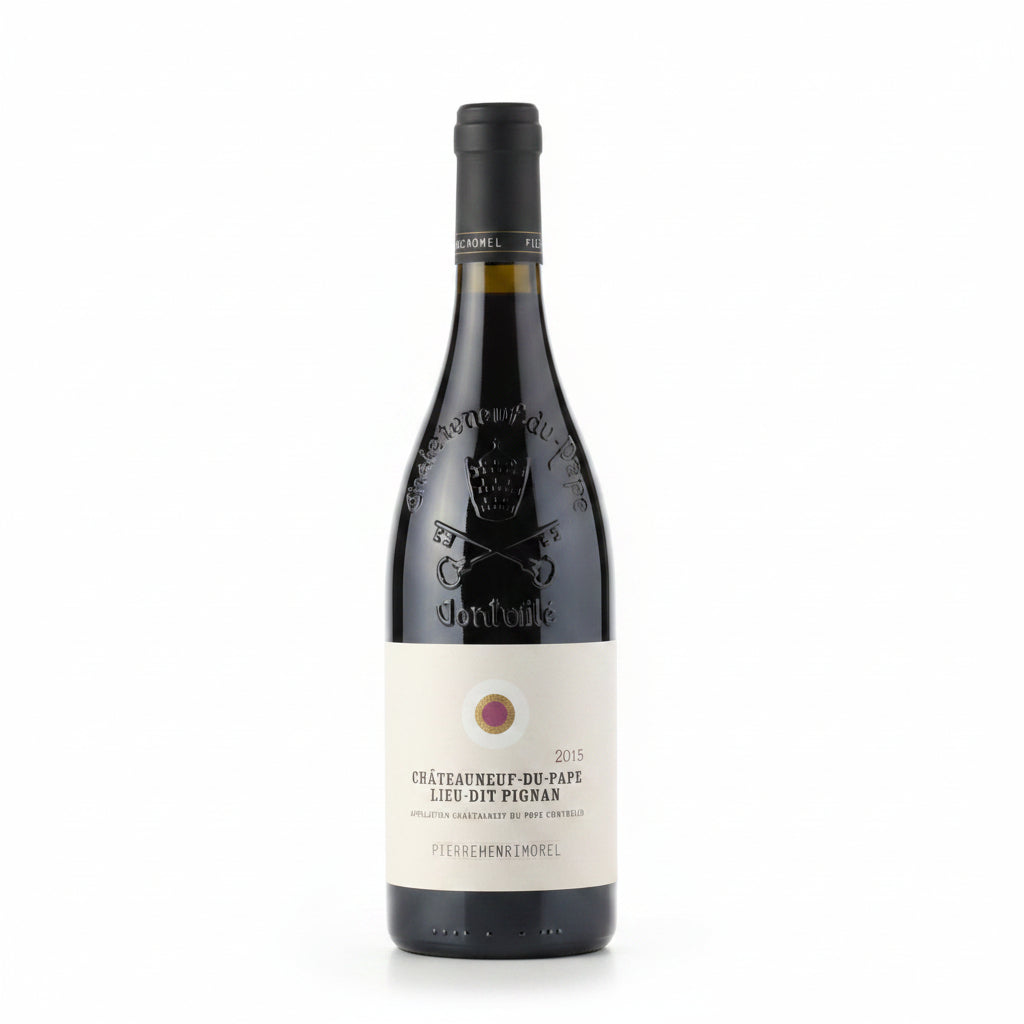 Bottle of Pierre Henri Morel Chateauneuf-du-Pape wine with label visible, showcasing a rich red wine from the renowned French vineyard.