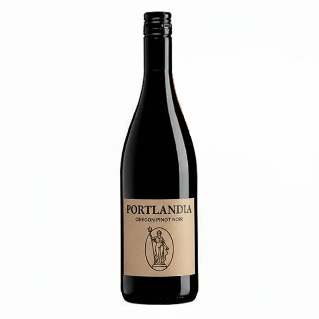 Bottle of Portlandia Pinot Noir 750mL with a dark red wine in a clear glass bottle displaying the label.