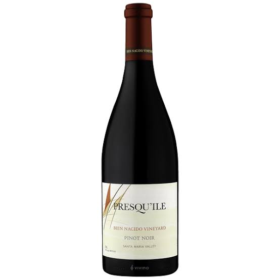 Presquile Bien Nacido Pinot Noir wine bottle with label, 750mL, featuring a sleek dark glass design and elegant label graphics.