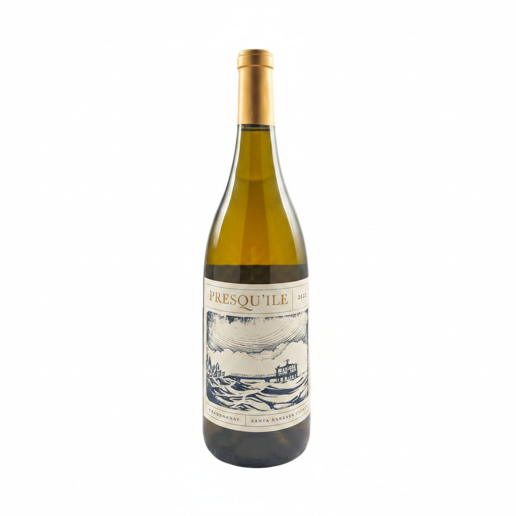 Presquile Santa Barbara Chardonnay 750mL bottle with a white wine label, featuring a scenic vineyard image.