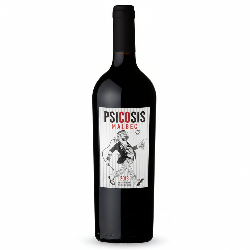 Bottle of Psicosis Malbec red wine in a 750ml glass bottle with a dark label featuring the Psicosis branding.