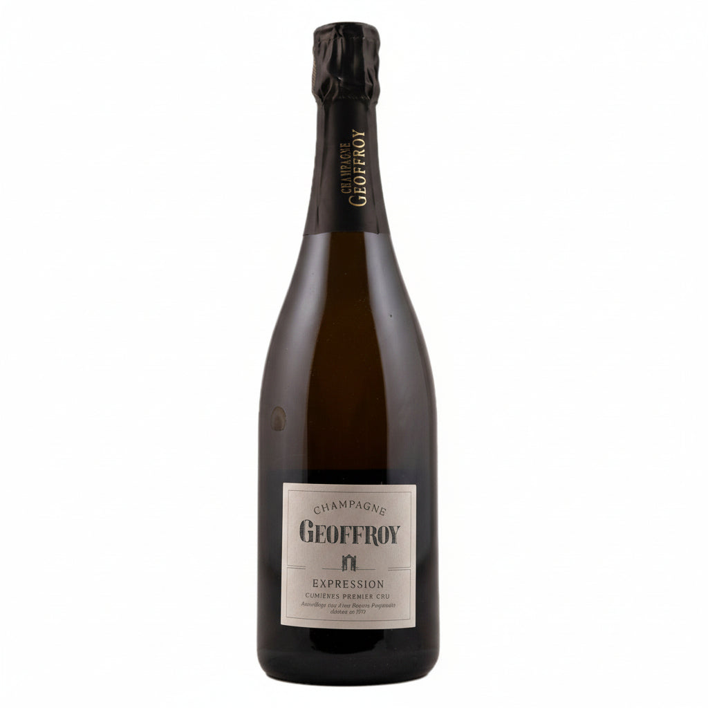 Bottle of Champagne Rene Geoffroy Expression Brut sparkling wine with a foil-wrapped neck and label, showcasing elegance and bubbles.