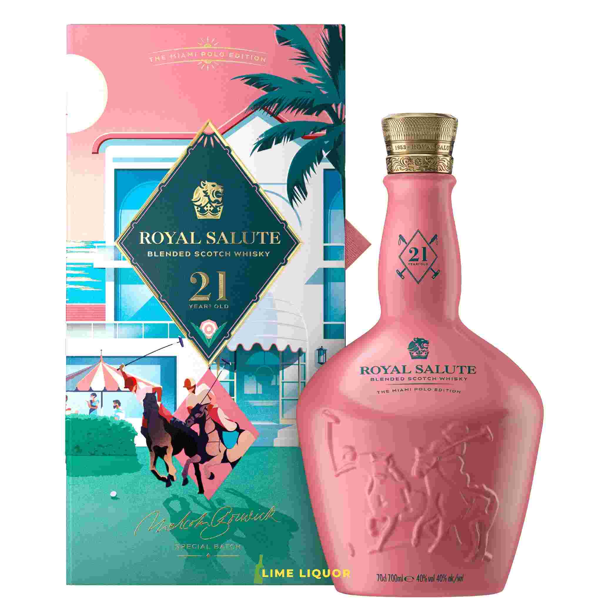 Buy Royal Salute 21 Year Old Miami Polo Edition blended scotch whisky, pink bottle and box