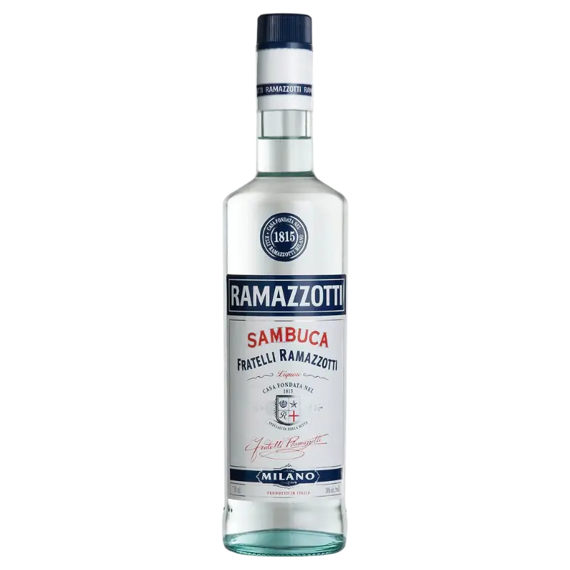 buy Ramazzotti Sambuca 750mL, clear glass bottle with blue and red label, spirits
