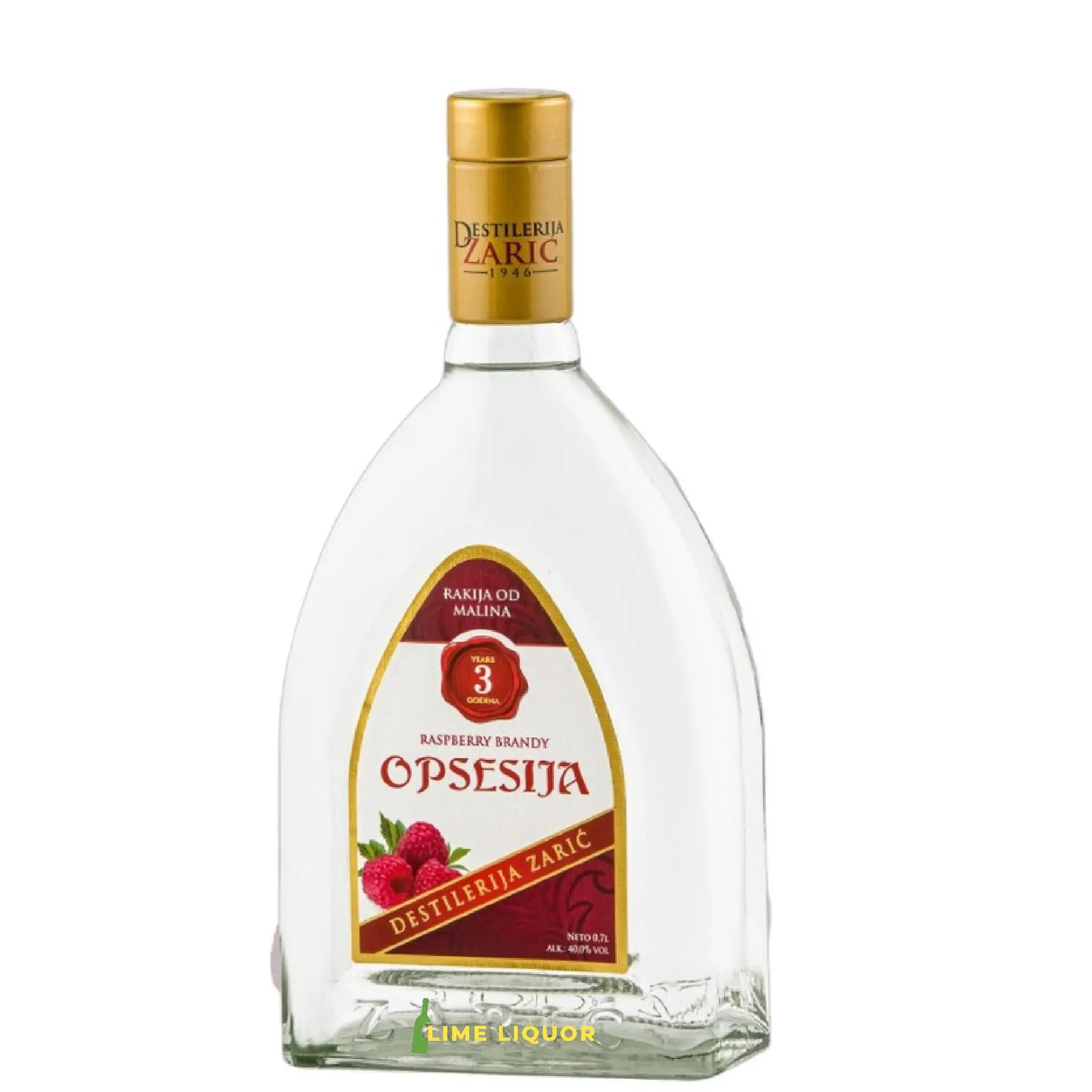 Buy Raspberry Brandy Opsesija, premium raspberry spirit in clear bottle with gold cap