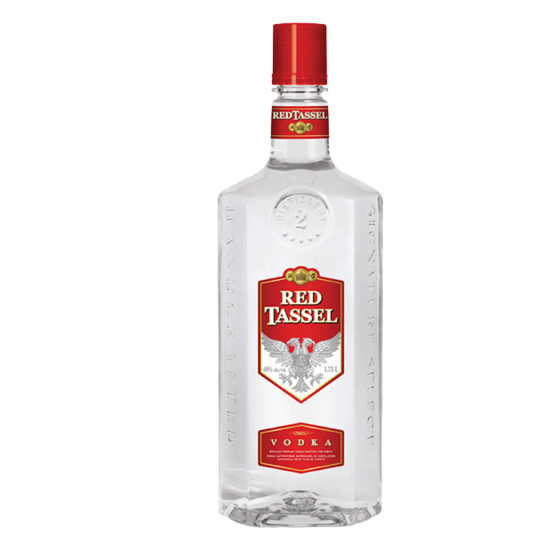Buy Red Tassel Vodka 1.75L, clear glass bottle with red label and eagle logo