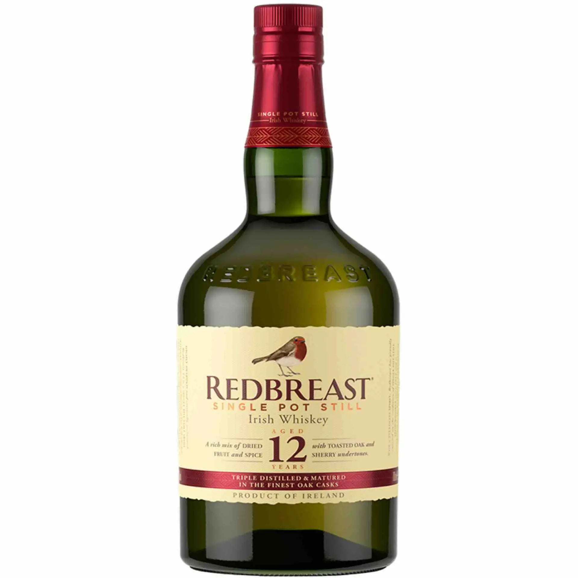 Buy Redbreast 12 Year Old Irish Whiskey, green bottle with red cap and cream label.