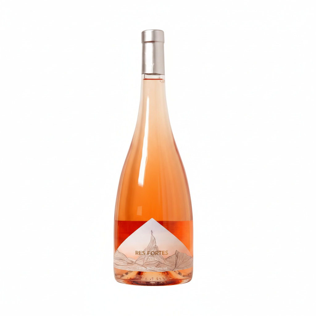 Bottle of Res Fortes Cote du Roussillon Rosé wine with a pink hue and elegant label, on a neutral background.