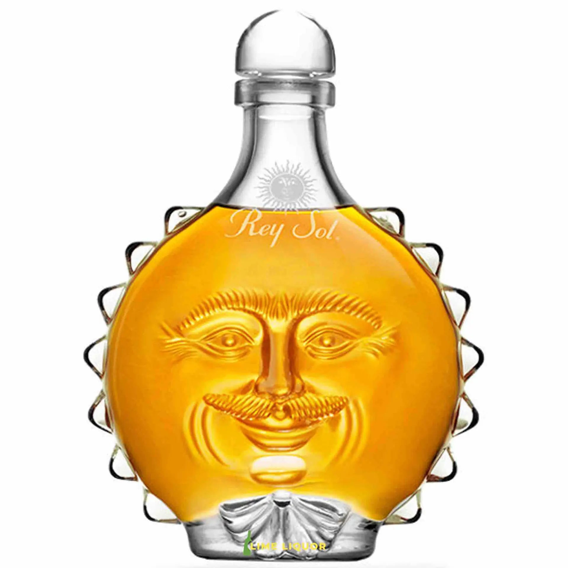 Buy Rey Sol 6 Year Extra Anejo 750mL, sun-shaped tequila bottle with smiling face design.