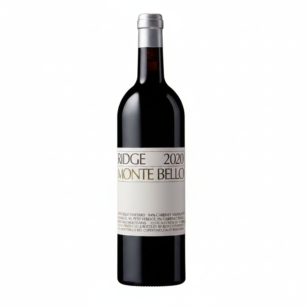 Bottle of Ridge Vineyards Monte Bello Cabernet Sauvignon 750mL, showcasing the dark red wine with a label featuring the Ridge logo.