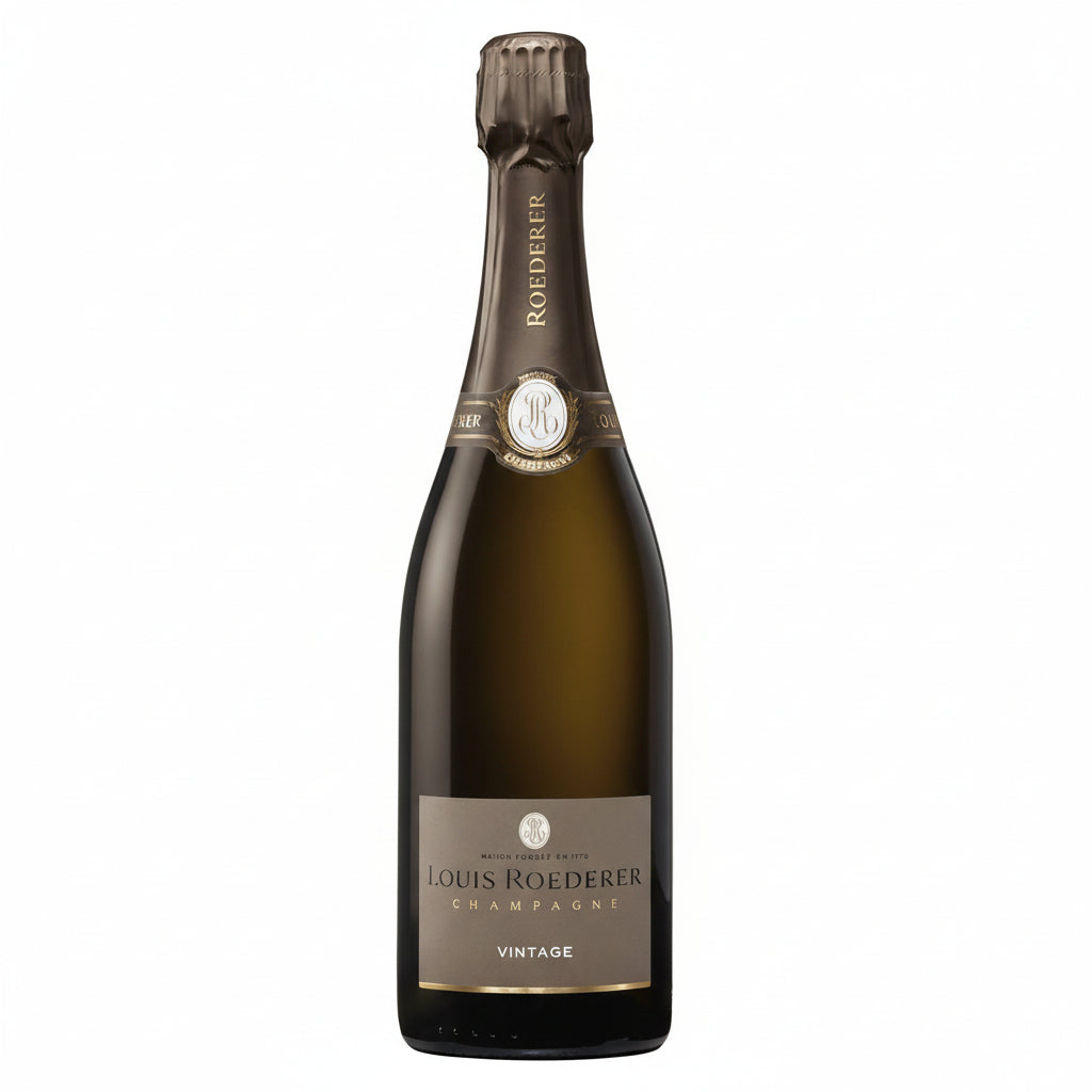 Elegant bottle of Roederer Brut Vintage champagne with a classic label and gold foil, showcasing a luxurious sparkling wine.
