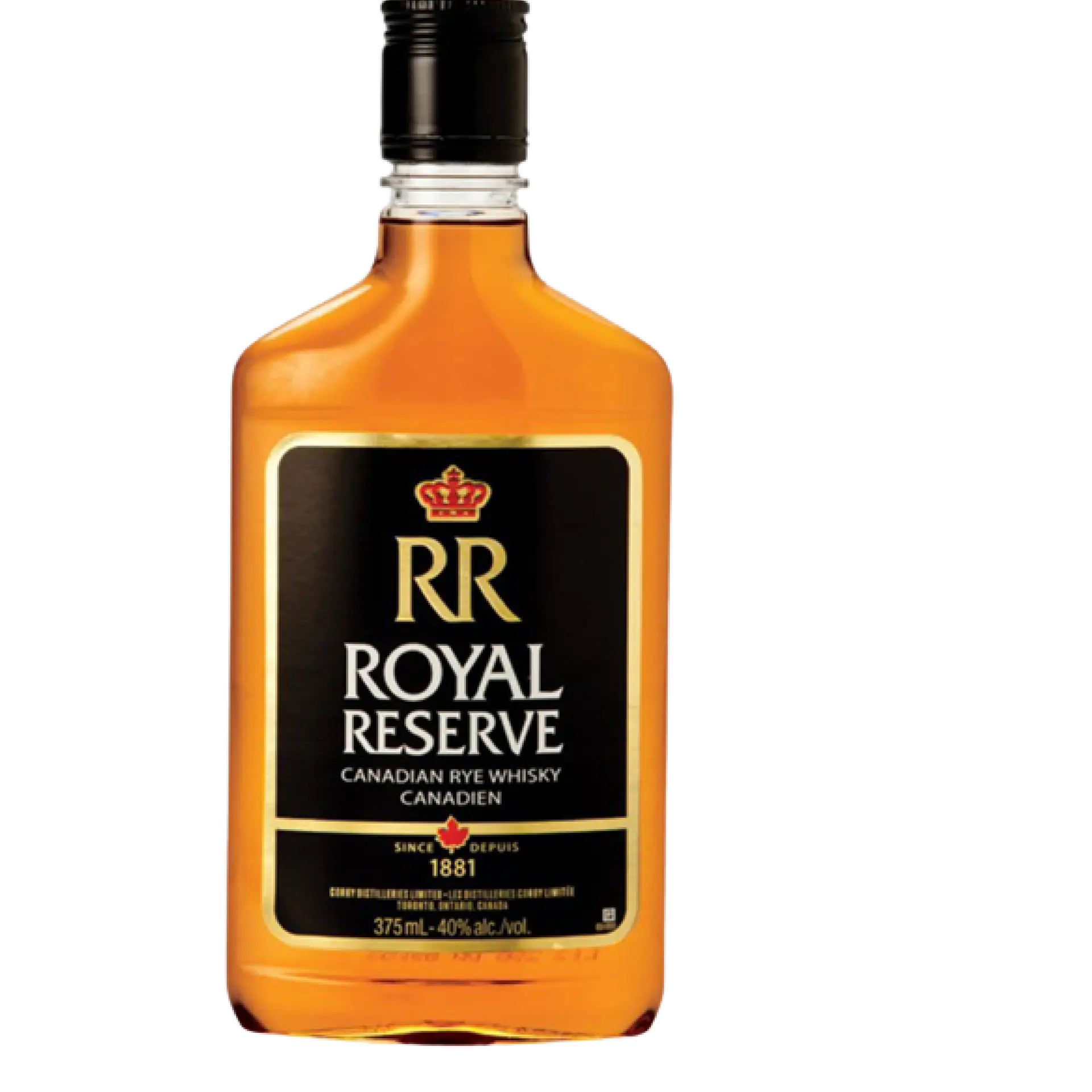 Buy Royal Reserve Canadian Rye Whisky 375mL bottle, black label, gold trim, screw cap.