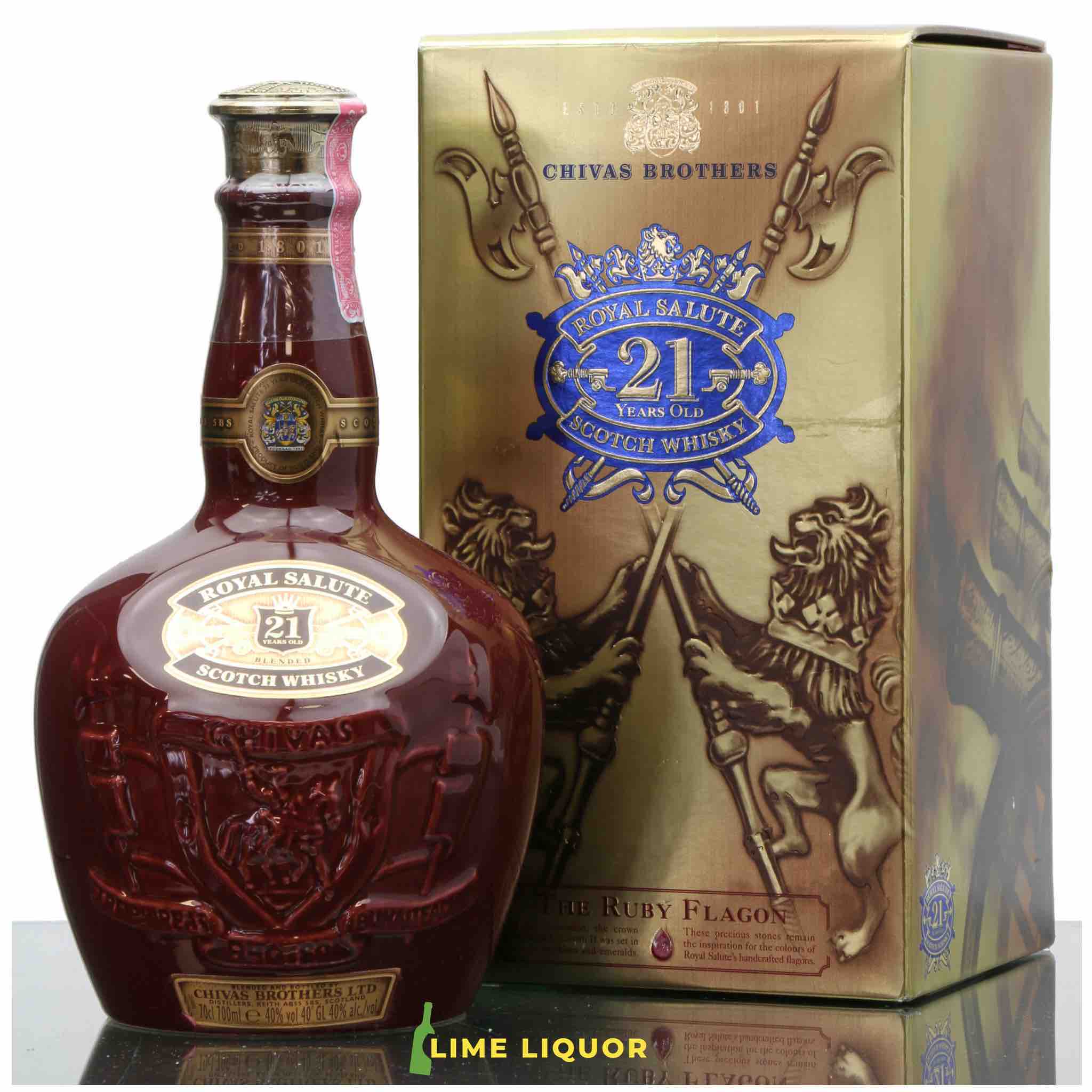 buy Royal Salute 21 Year Old The Ruby Flagon whisky, bottle and box on display