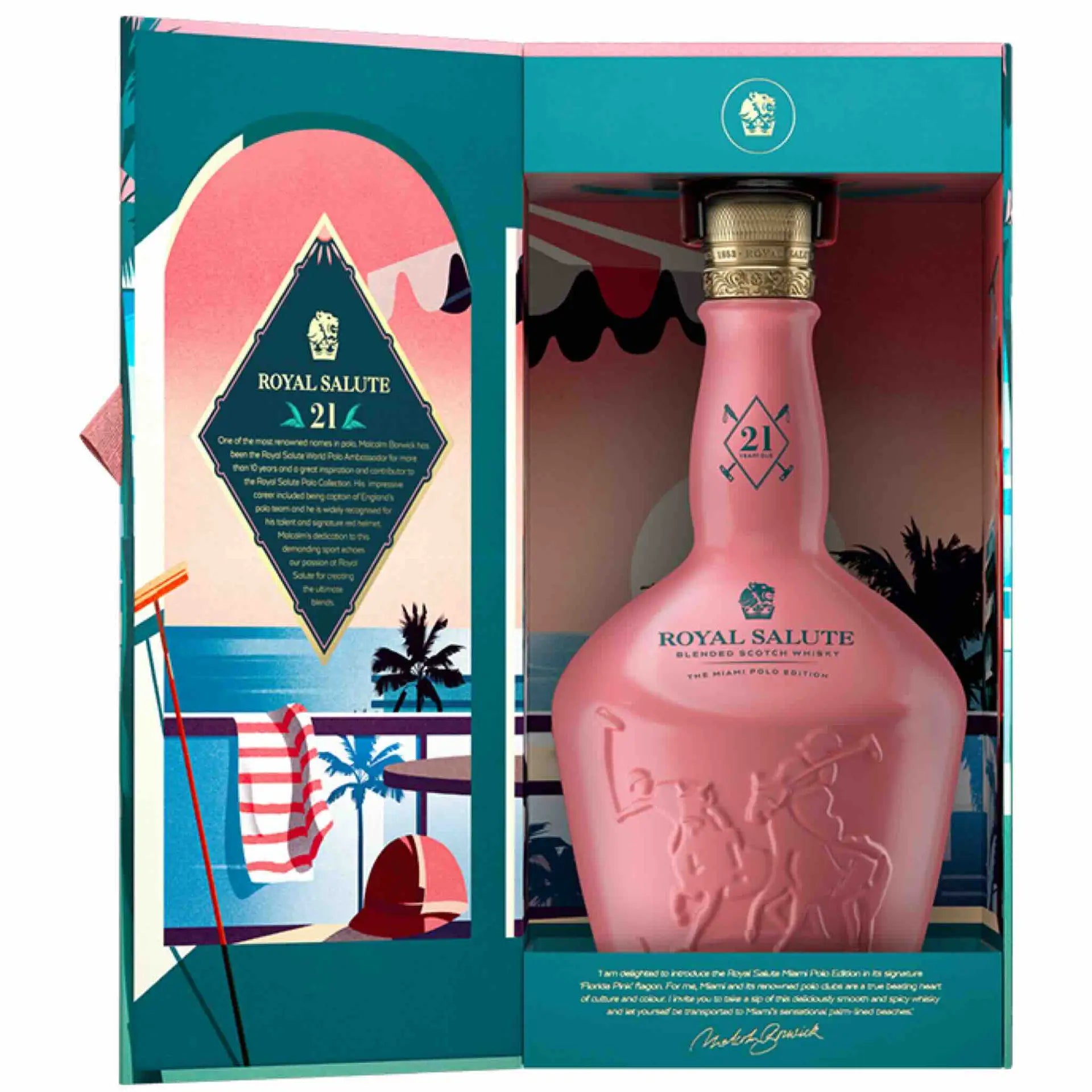 Buy Royal Salute Miami Polo Edition, pink whisky bottle in decorative box with tropical design