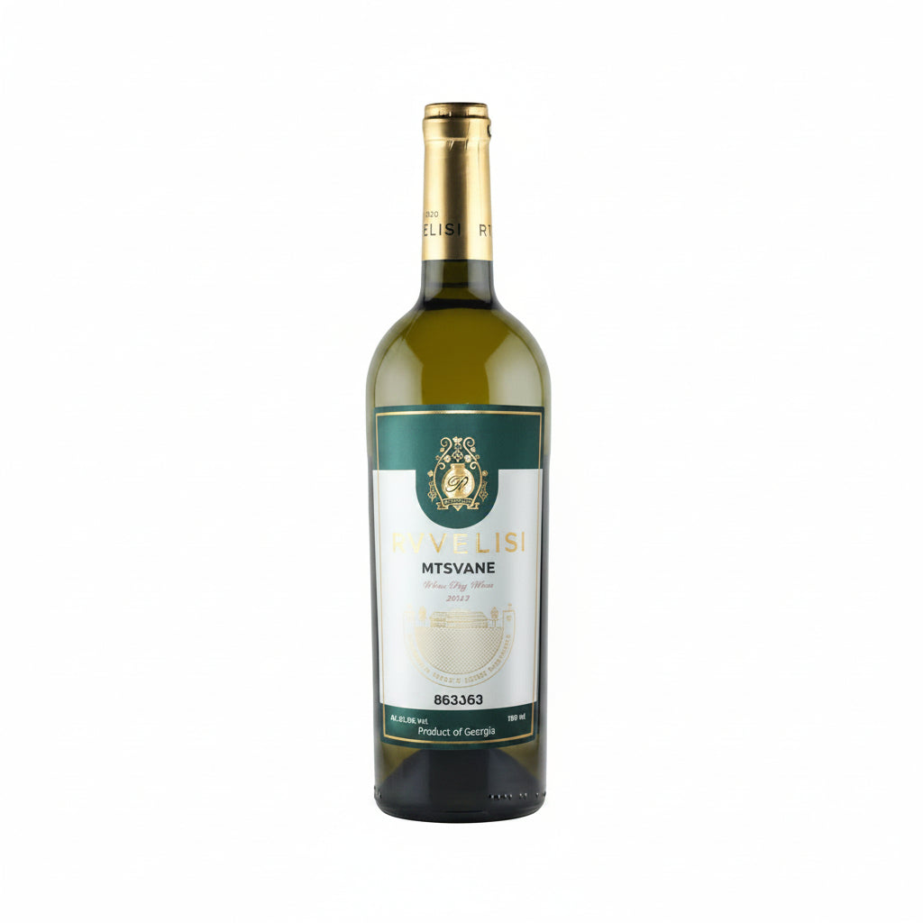 Rtvelisi Mtsvane white dry wine in 750mL bottle, featuring a clear glass bottle with a golden-yellow wine inside.