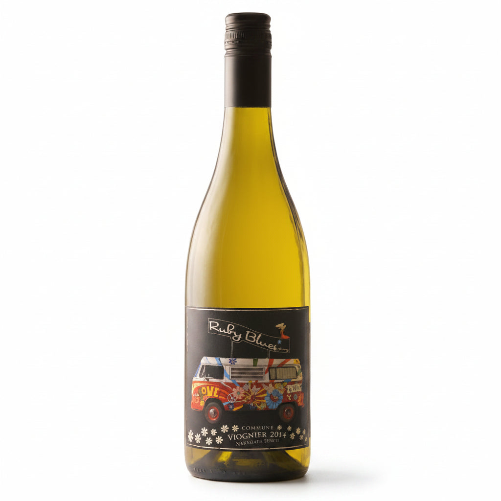 Bottle of Ruby Blues Winery Viognier white wine in a 750mL bottle, with a label featuring elegant design and vineyard imagery.