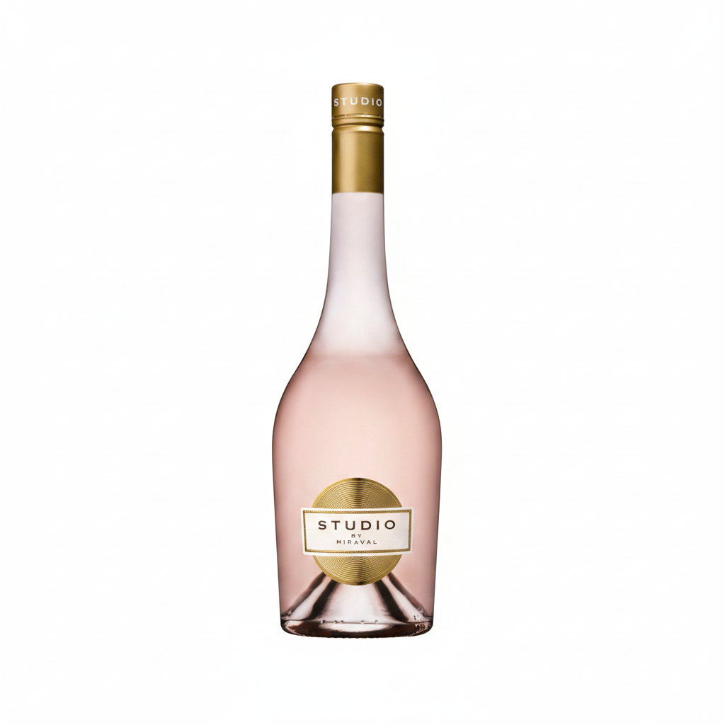 Bottle of Miraval Studio Rose wine with label visible, showcasing a sleek design and vibrant pink color in the glass.