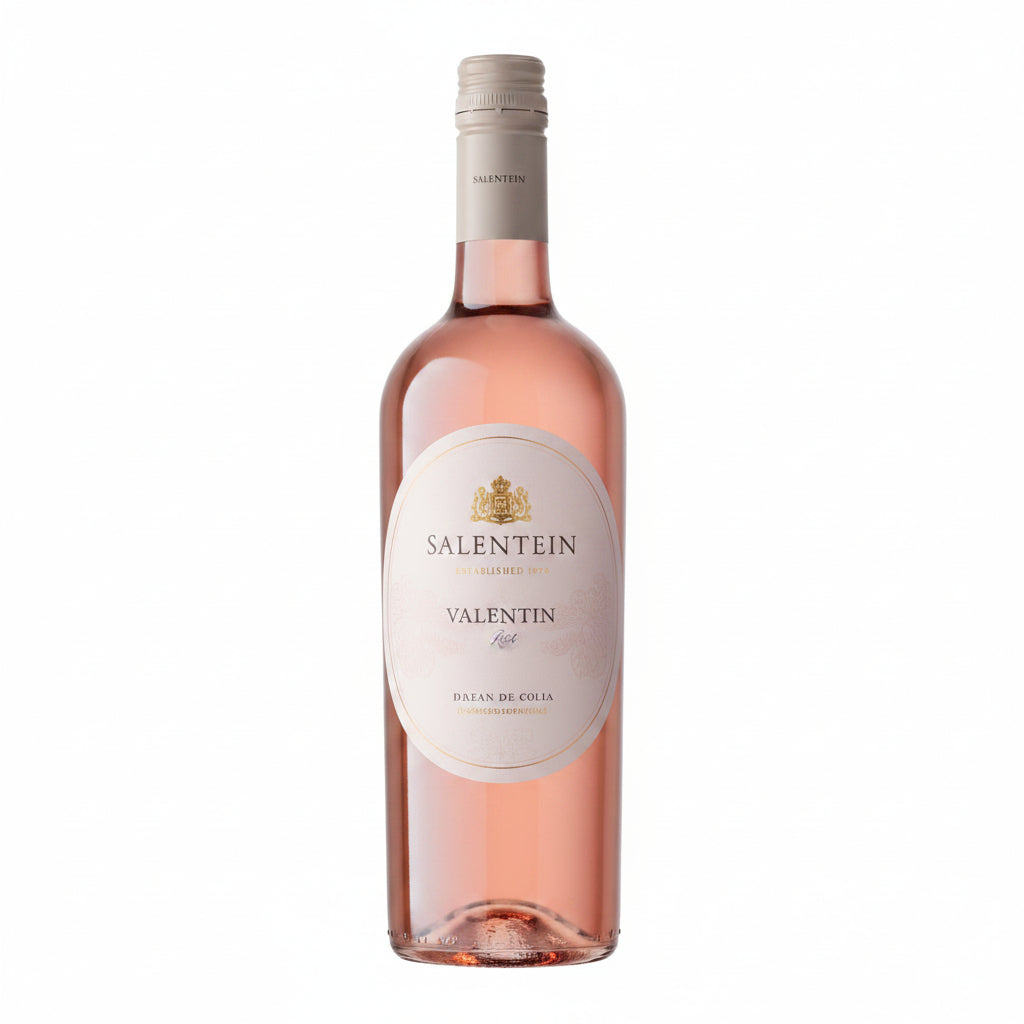Salentein Reserva Rosé wine bottle, 750mL, with a pink hue and elegant label, displayed on a rustic wooden table.