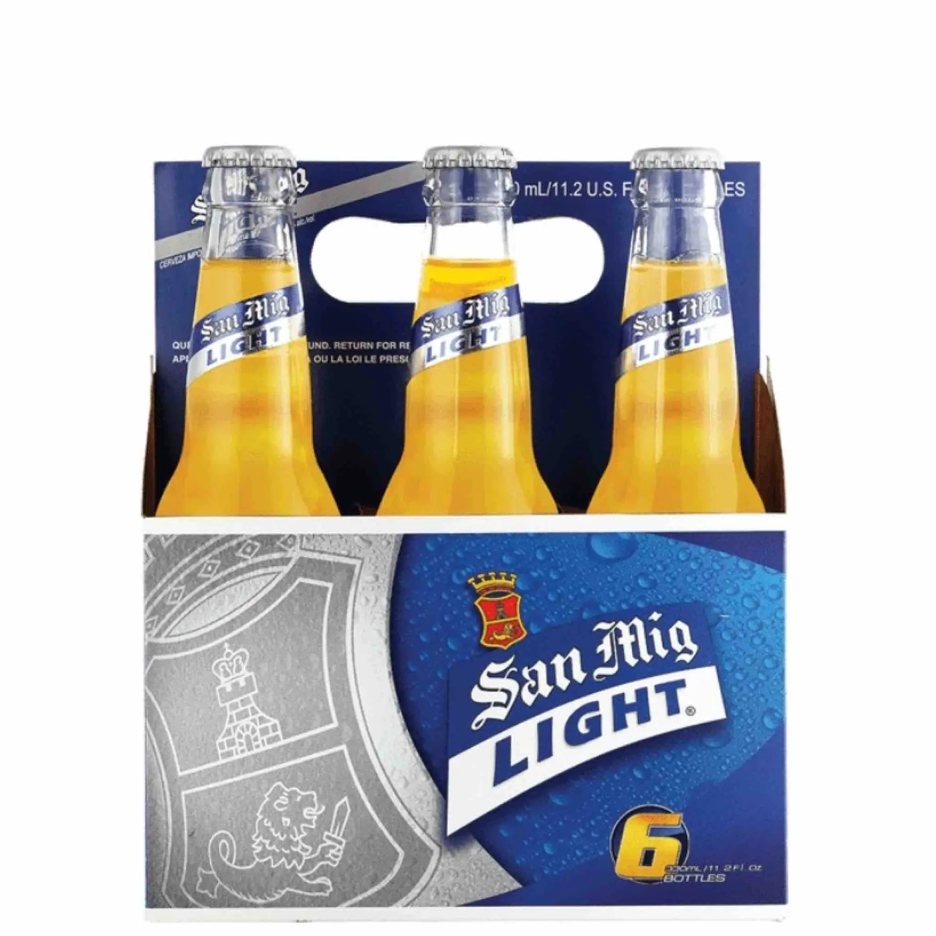 Buy San Miguel Light Lager 6pk, pale lager beer bottles in branded blue packaging