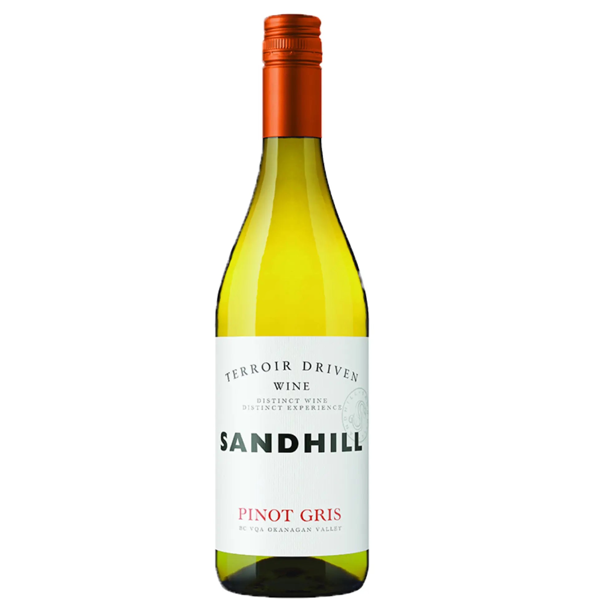 Buy Sandhill Pinot Gris 750mL white wine bottle with orange cap and clear label
