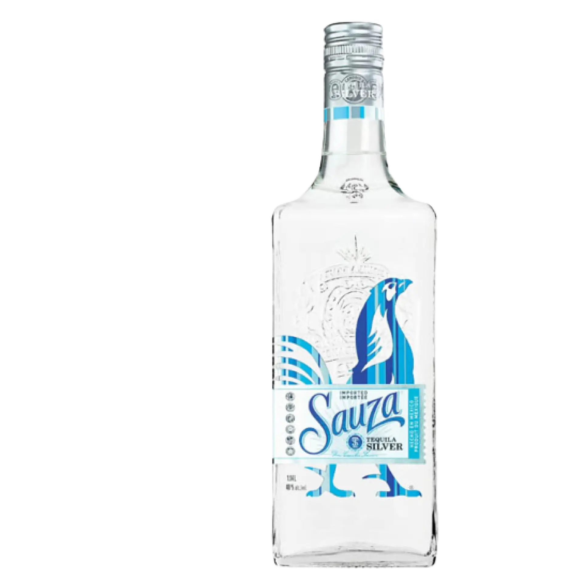 Buy Sauza Silver Tequila 1.14L, clear bottle with blue label and rooster logo