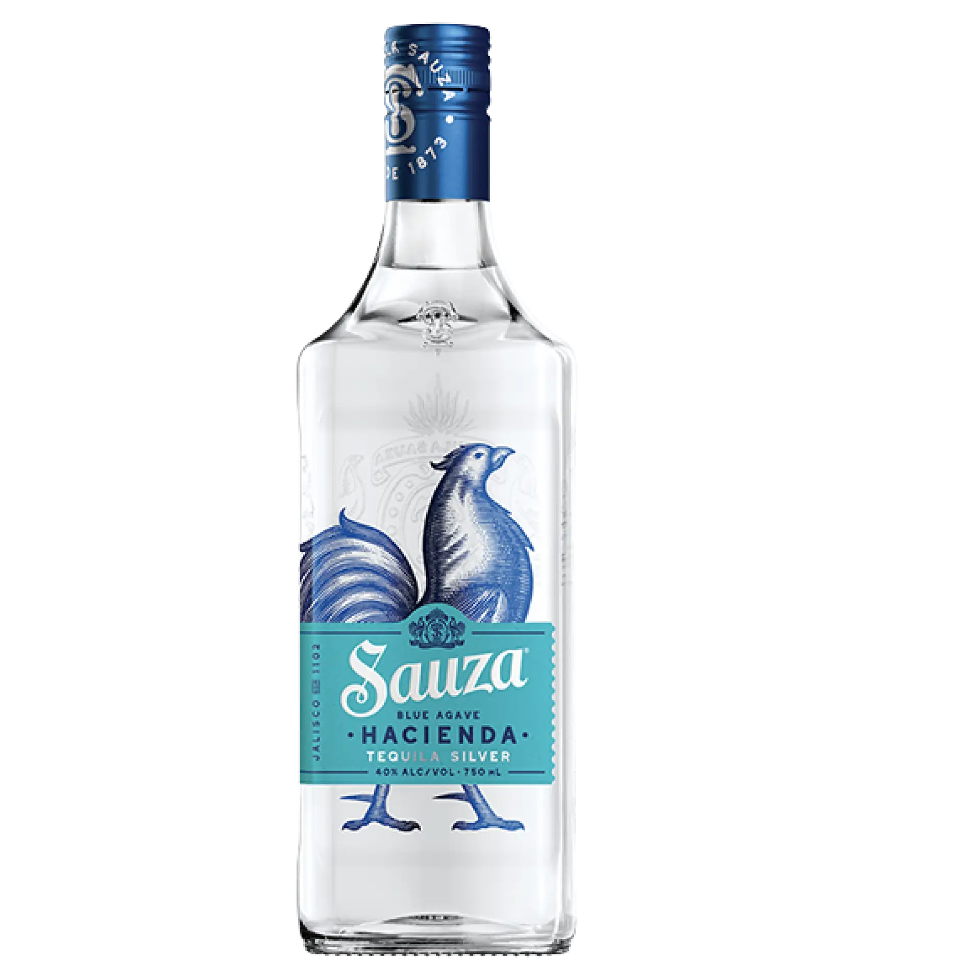 Buy Sauza Silver Blanco 750mL tequila, clear bottle with blue rooster label.