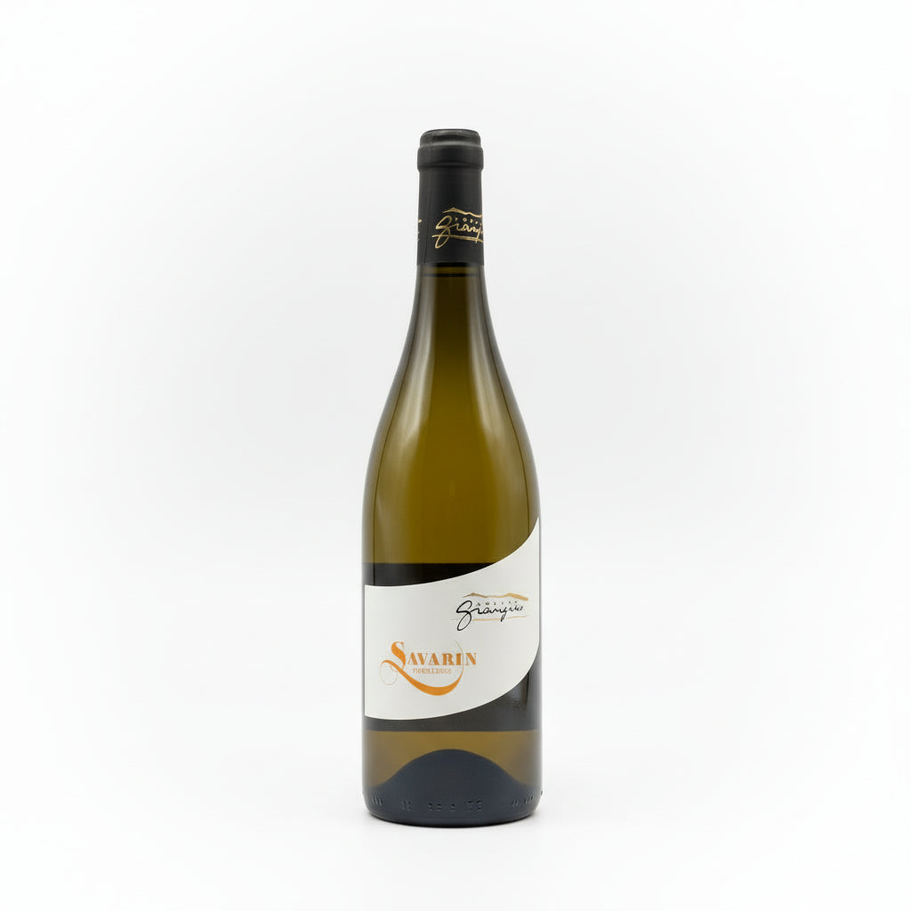 Bottle of Savarin Blanc wine made from Gamay-Jacquère grapes, featuring a sleek label and a clear glass showcasing the pale white wine.
