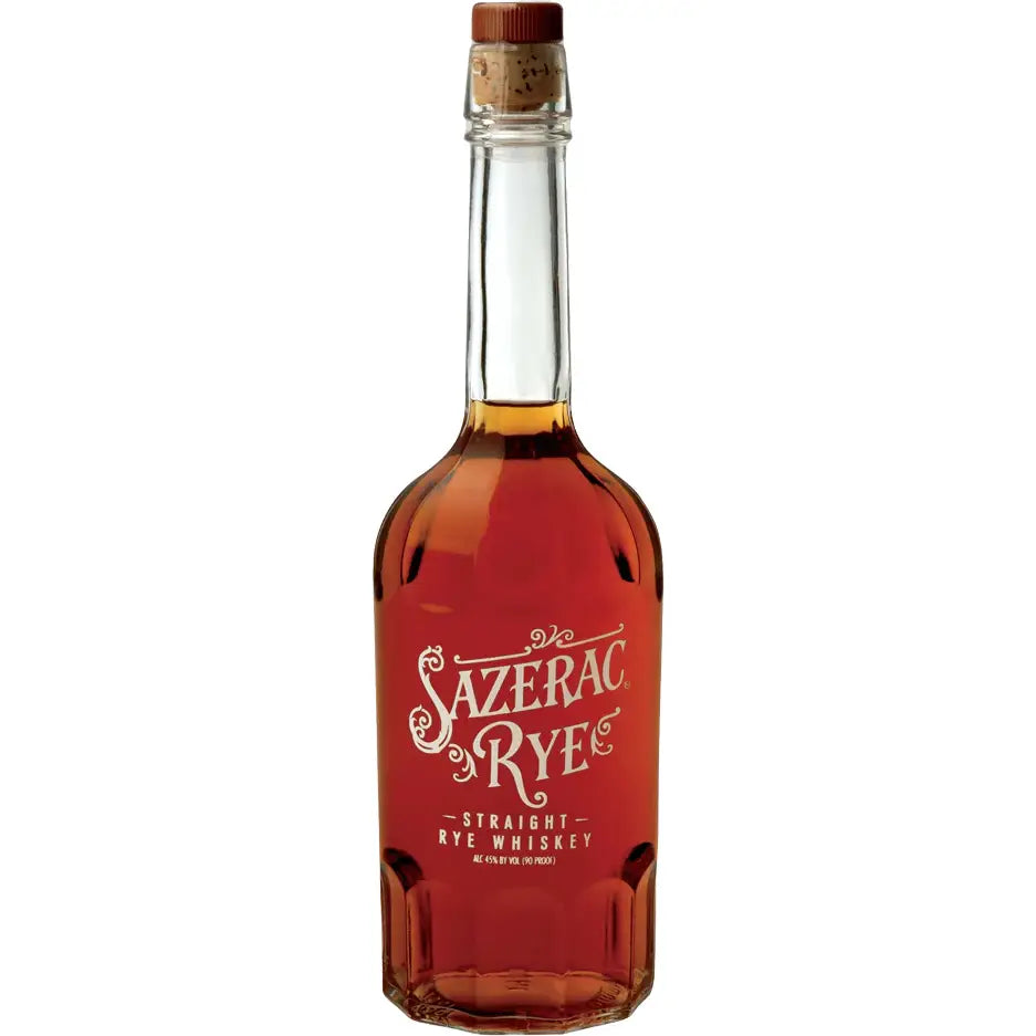 Buy Sazerac Rye Straight Rye Whiskey bottle, amber liquor, cork top, white label.