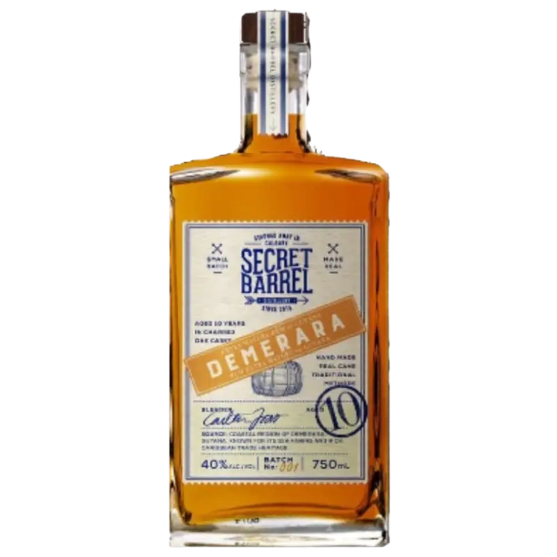 Buy Secret Barrel 10 Year Old Demerara rum 750mL, aged golden spirit in rectangular bottle