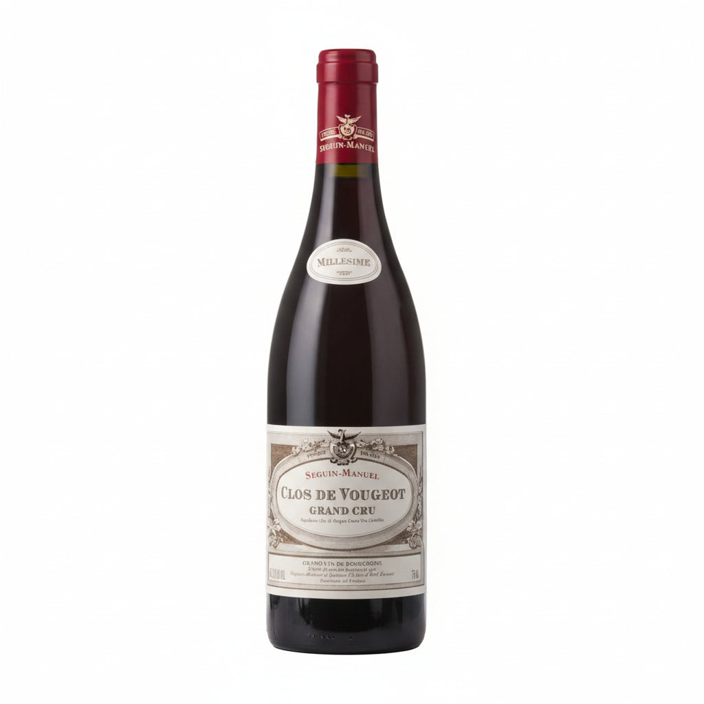 Bottle of Phillipe Gavignet Nuits-Saint-Georges 1Er Bousselots wine displayed with a Seguin-Manuel Clos Vougeot Grand Cru vineyard in the background.