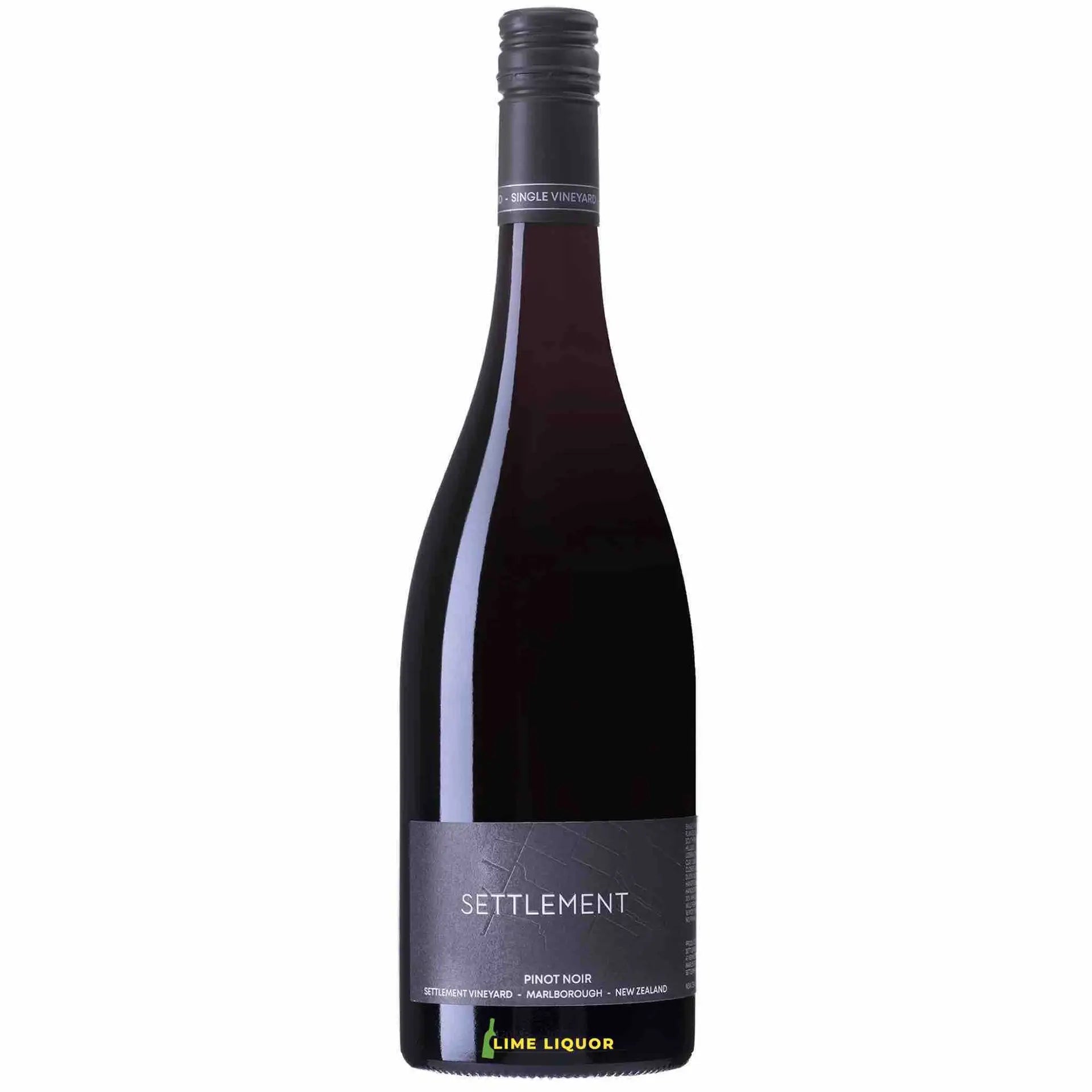buy Settlement Wines Pinot Noir 750mL, red wine bottle with black label