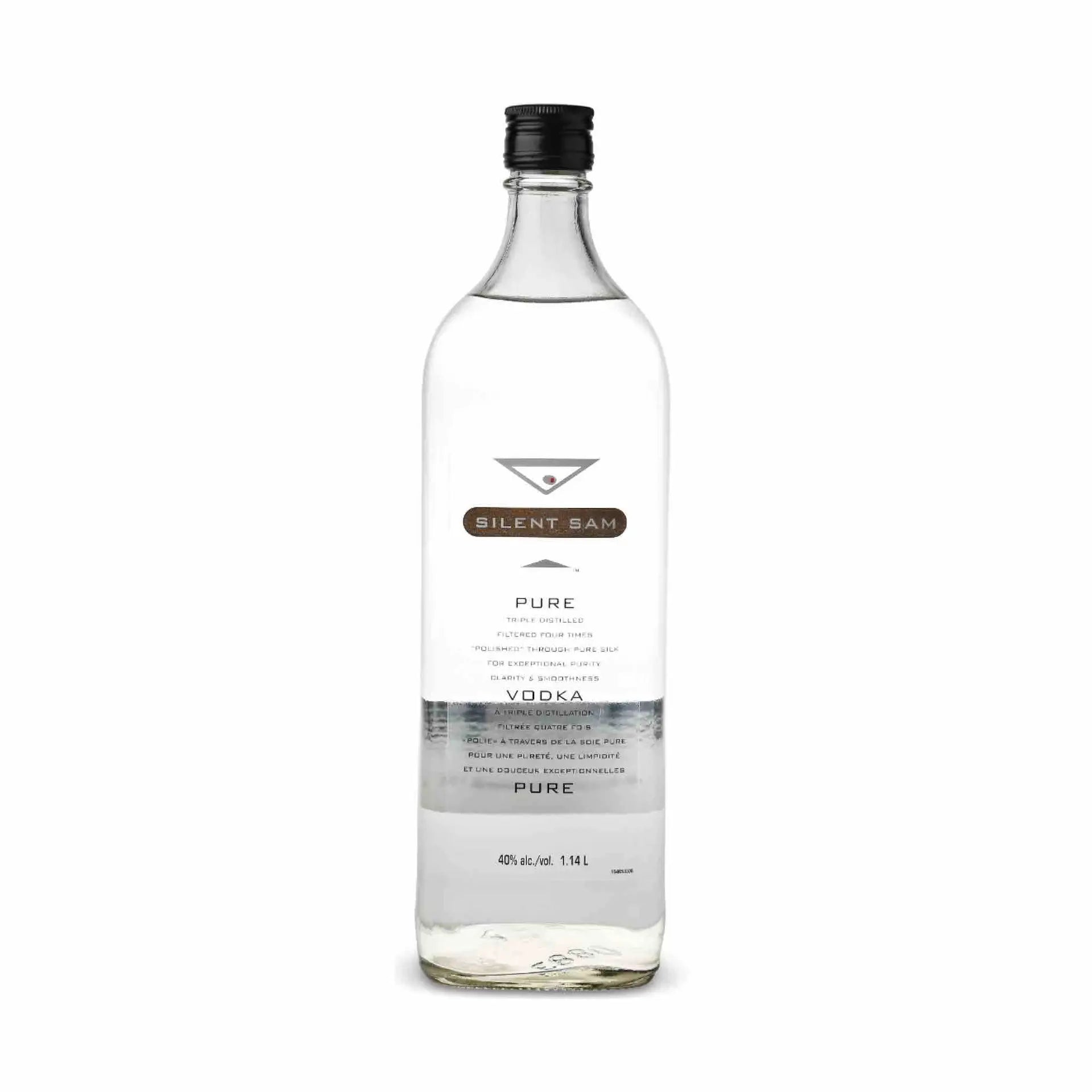 Buy Silent Sam Pure Vodka 1.14L, clear glass bottle with black cap and minimalist label
