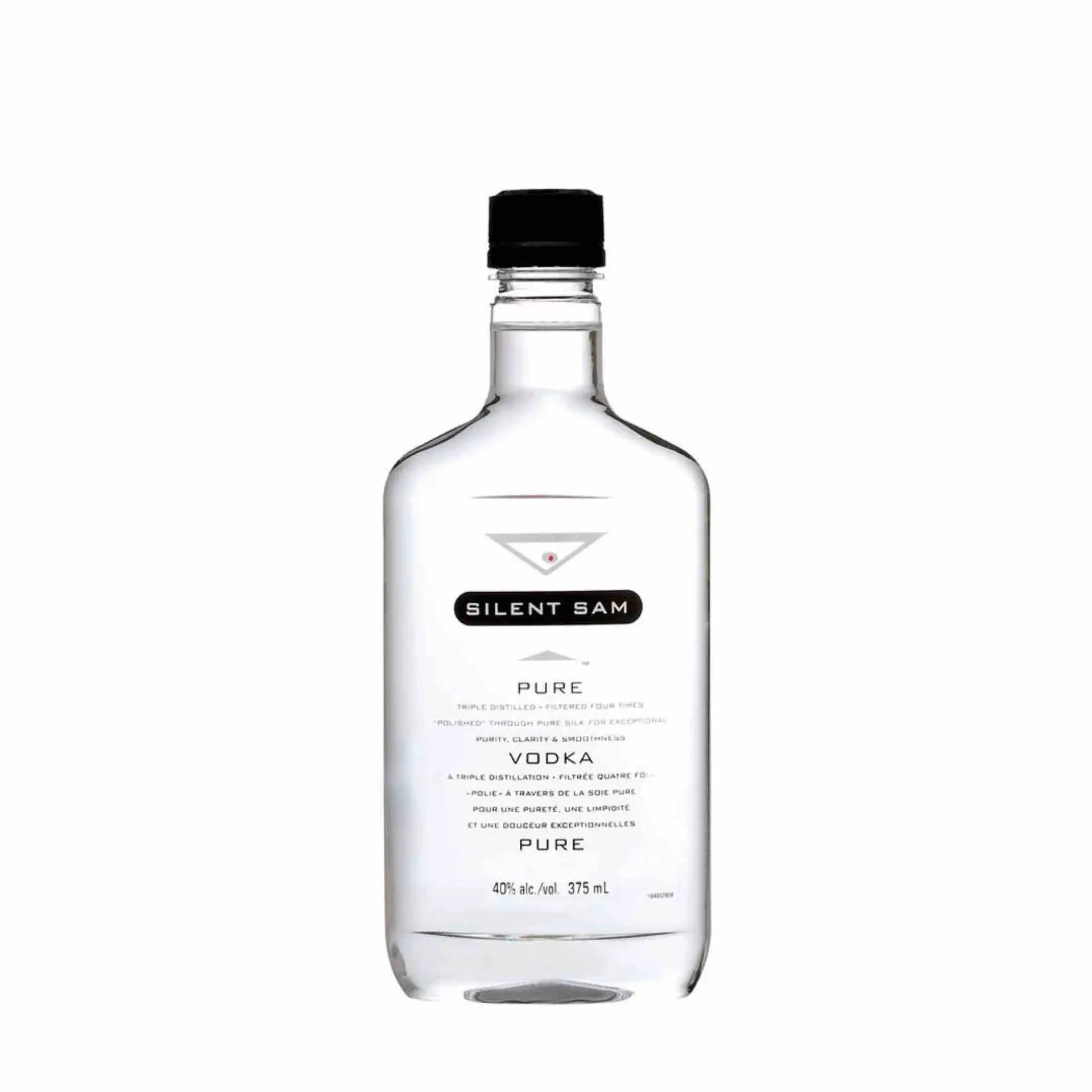 Buy Silent Sam Pure Vodka 375mL, clear bottle with black cap, triple distilled vodka.