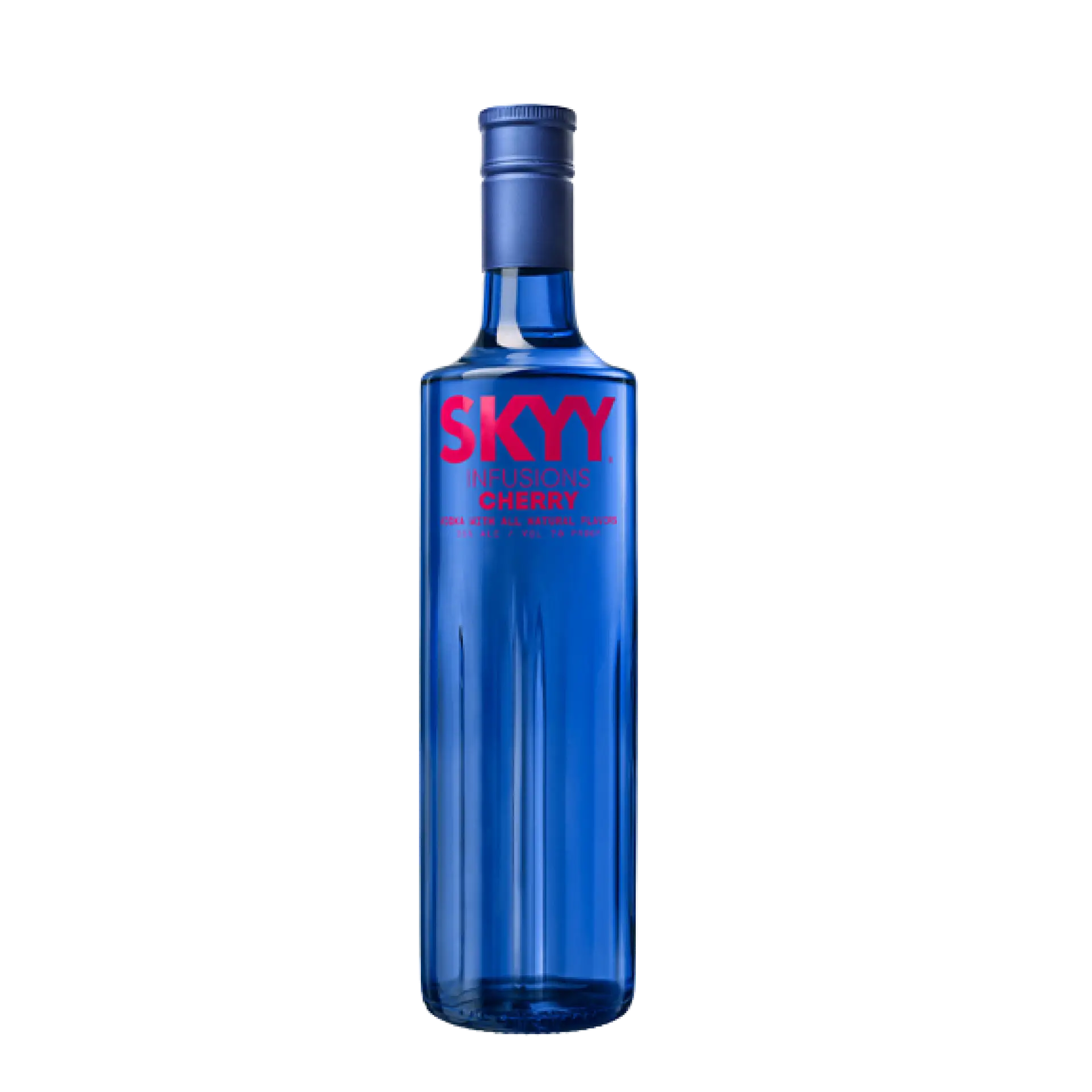 Buy Skyy Infusions Cherry 750mL, blue vodka bottle with red label, isolated on white