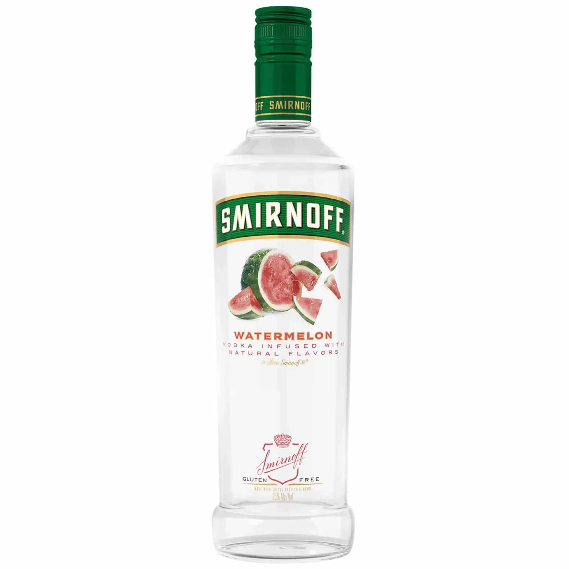 Buy Smirnoff Watermelon vodka 750mL, clear bottle with green cap and watermelon label